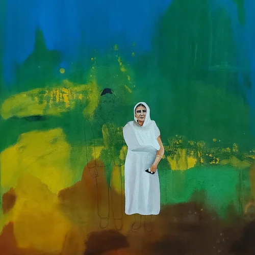 Wip detail image of the painting so far. This composition in progress is based on a photograph taken in 1962, British Guiana (Guyana) of my dad with my paternal great-grandmother when he was permanently leaving the Caribbean to live in England. Furth