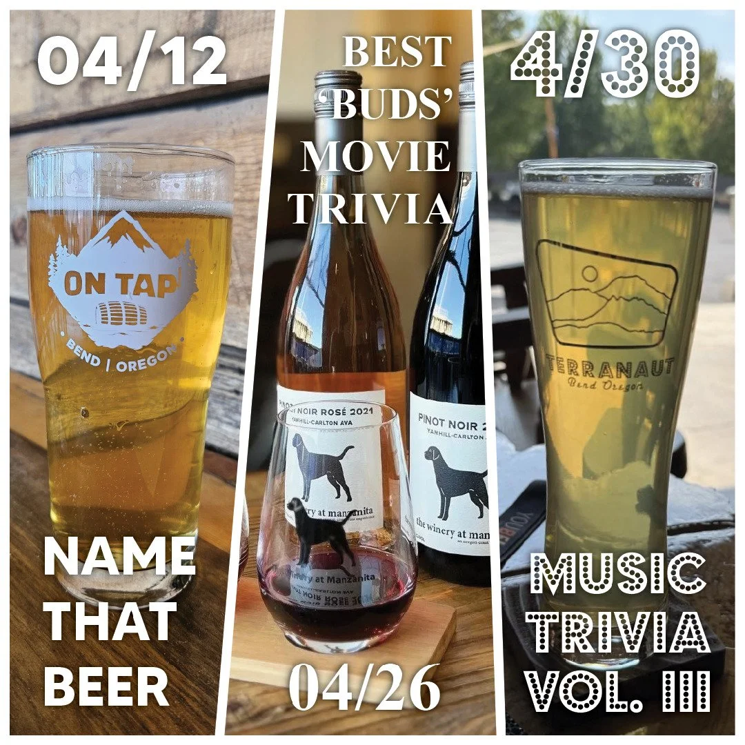 We've got some great themed games coming up this month!

This Sunday we're helping @ontapbend celebrate year 8! Come join in for a special game inspired by some of our favorite breweries at 5:00.

On 04/26 we've got some movie trivia with @thewinerya