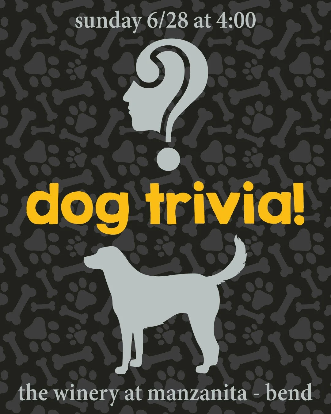 Tomorrow's the day! 6/28 at 4:00 we're heading to @thewineryatmanzanita__bend for dog trivia!

We've got questions about all things dog!

#trivianight #trivia #pubquiz #bartrivia #inbend