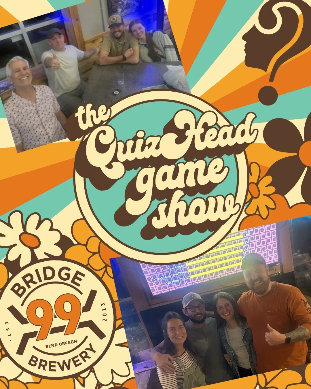Think you have what it takes to beat last week's champions? Come find out tonight at the QuizHead Game Show @bridge99brewery

Game starts at 6:30, so get your team ready for a fun collection of mini-games!

Don't forget to like this post to double yo