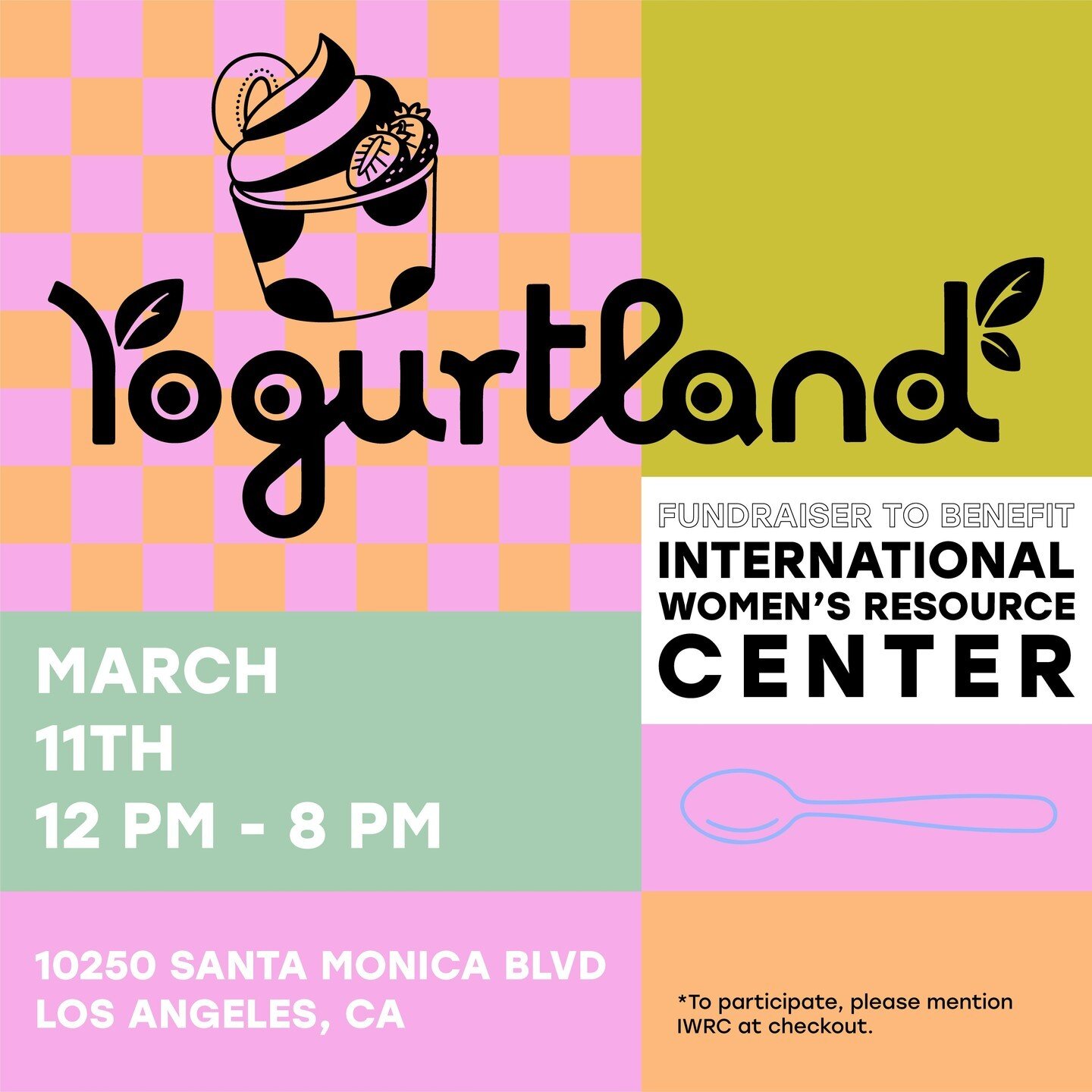 Yogurtland is hosting a fundraiser to benefit IWRC! 

Date: Monday, March 11th
Time: 12:00 PM - 8:00 PM 
Location: 10250 Santa Monica Blvd, Los Angeles, CA

You can support 💵 IWRC while enjoying a sweet treat 🍨! To participate, meet your friends an