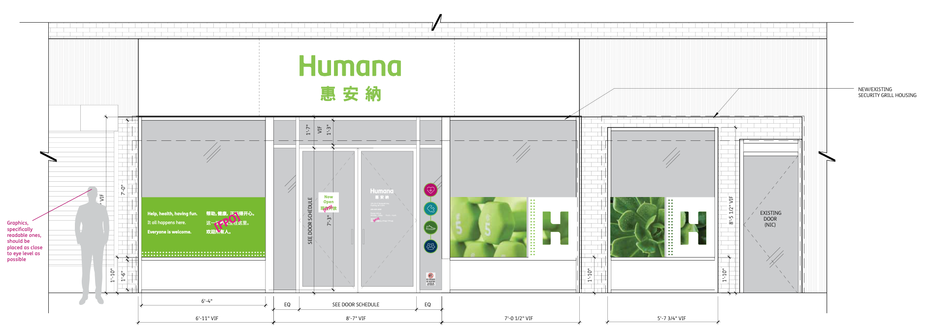 Bilingual Window Graphics for Humana Neighborhood Center (Fitness, Health)