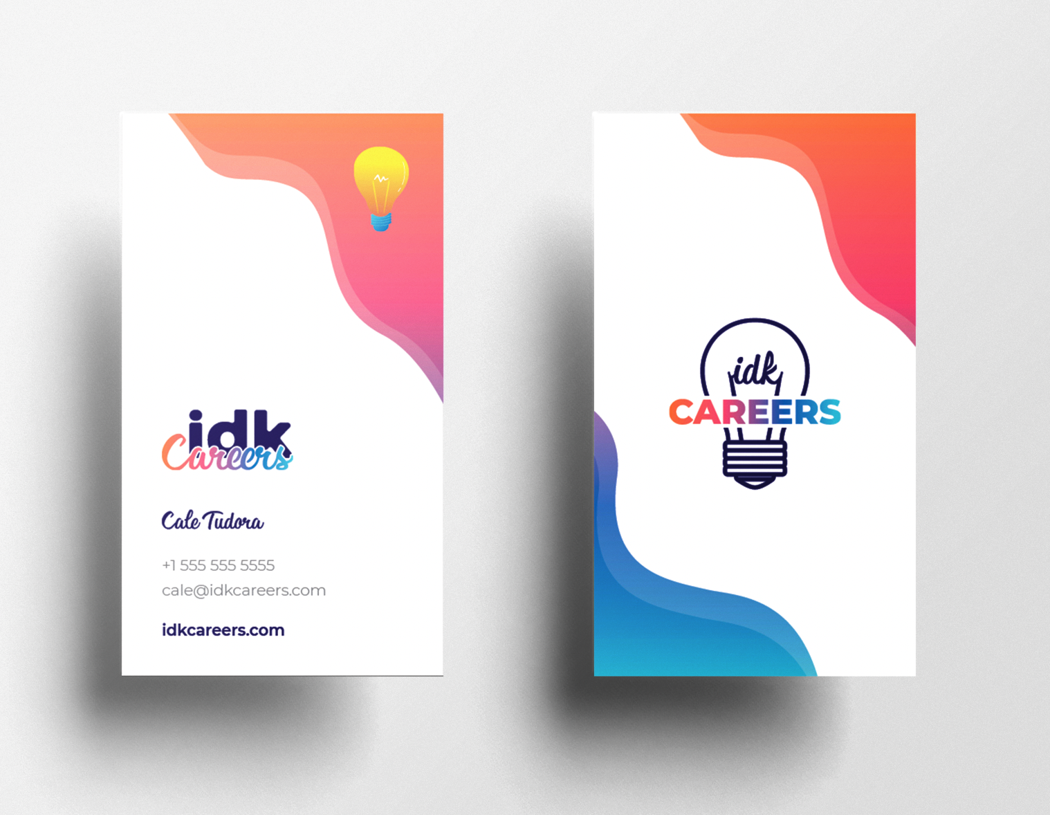 Front and back flat lay of IDK Careers Business Cards