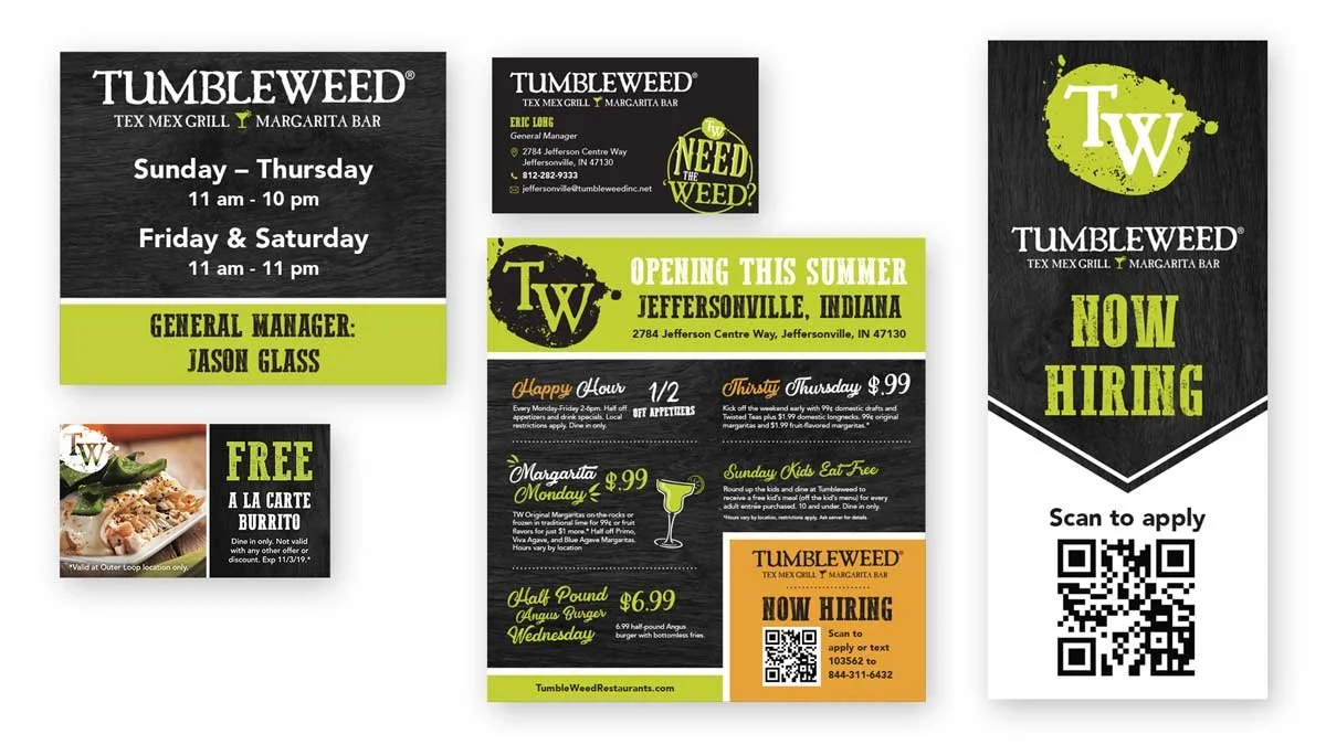 Promo Cards, Yard Signs, Direct Mailer, Hiring Pull-Up Banner