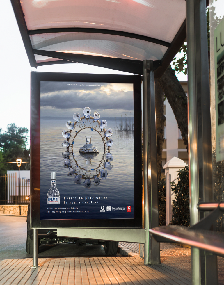 Advertisement at a bus stop for Finlandia Vodka Featuring Oysters and Clean water