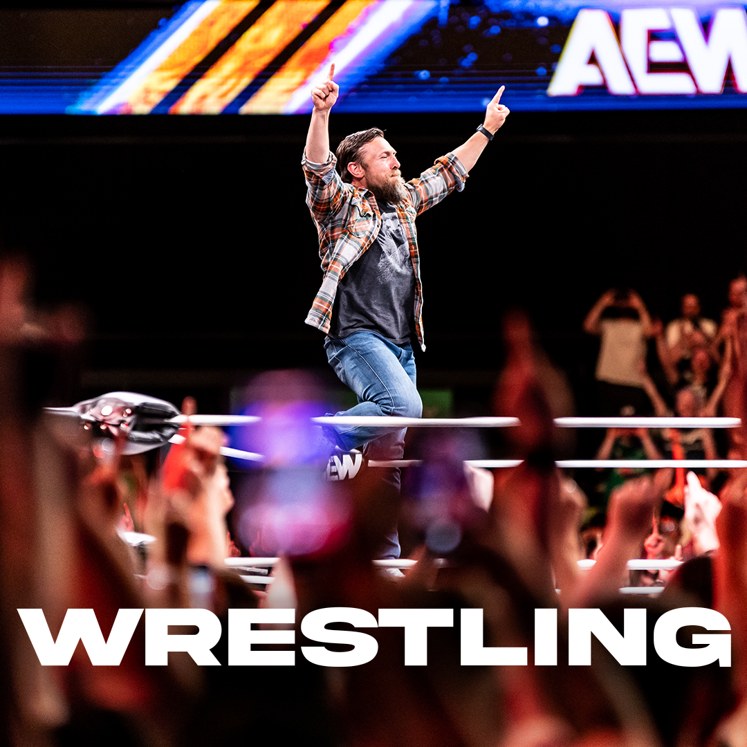 Image of Bryan Danielson posing on the top rope from an episode of AEW Dynamite at OVO Hydro in Glasgow. The word "Wrestling" labeled across the bottom of the image.