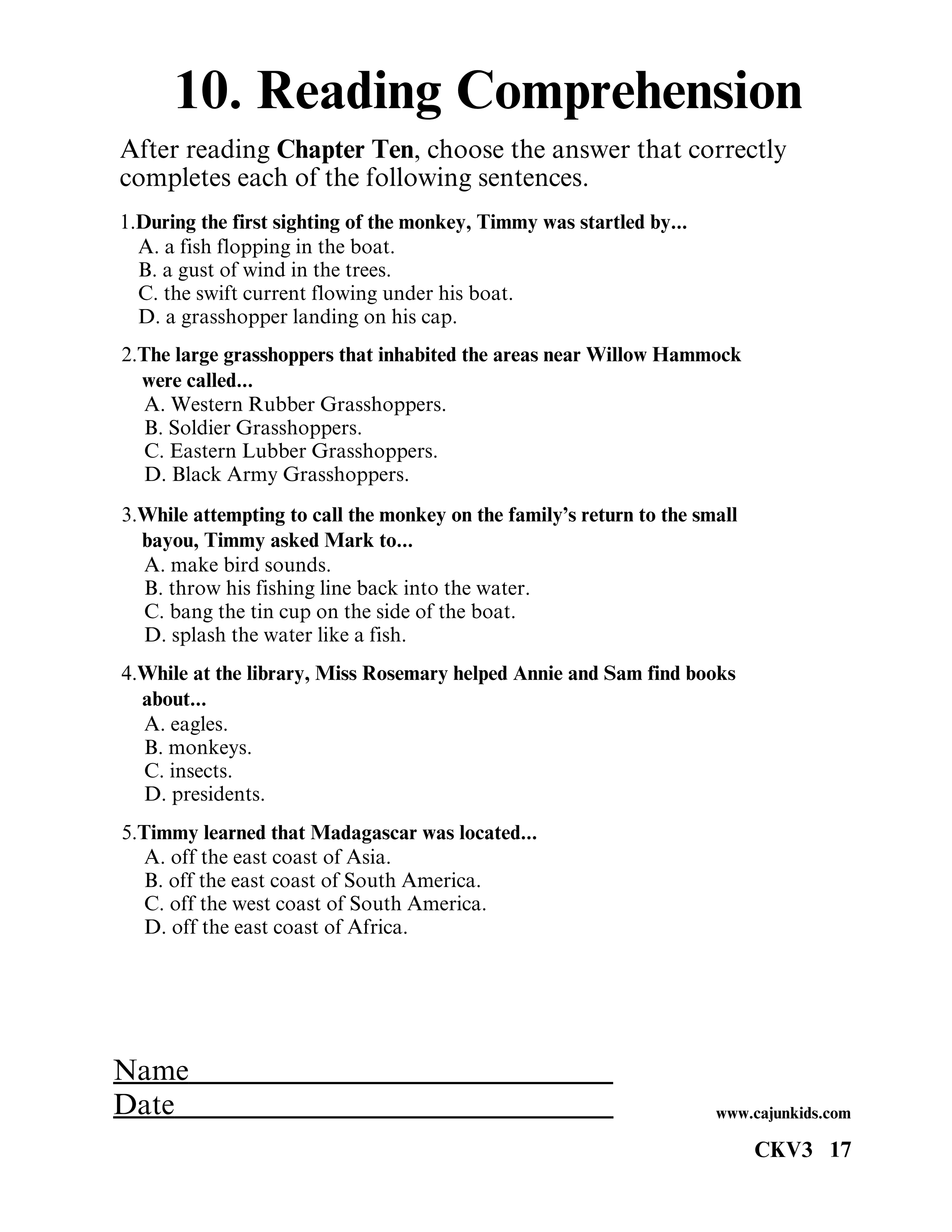A worksheet titled '10. Reading Comprehension' with multiple-choice questions and a space for name and date at the bottom. Questions involve reading passages and choosing correct answers.
