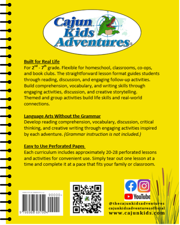Back cover of Cajun Kids Adventures educational book with yellow background, logo at top, descriptions of curriculum features, a QR code, social media icons, barcode, and website URL.