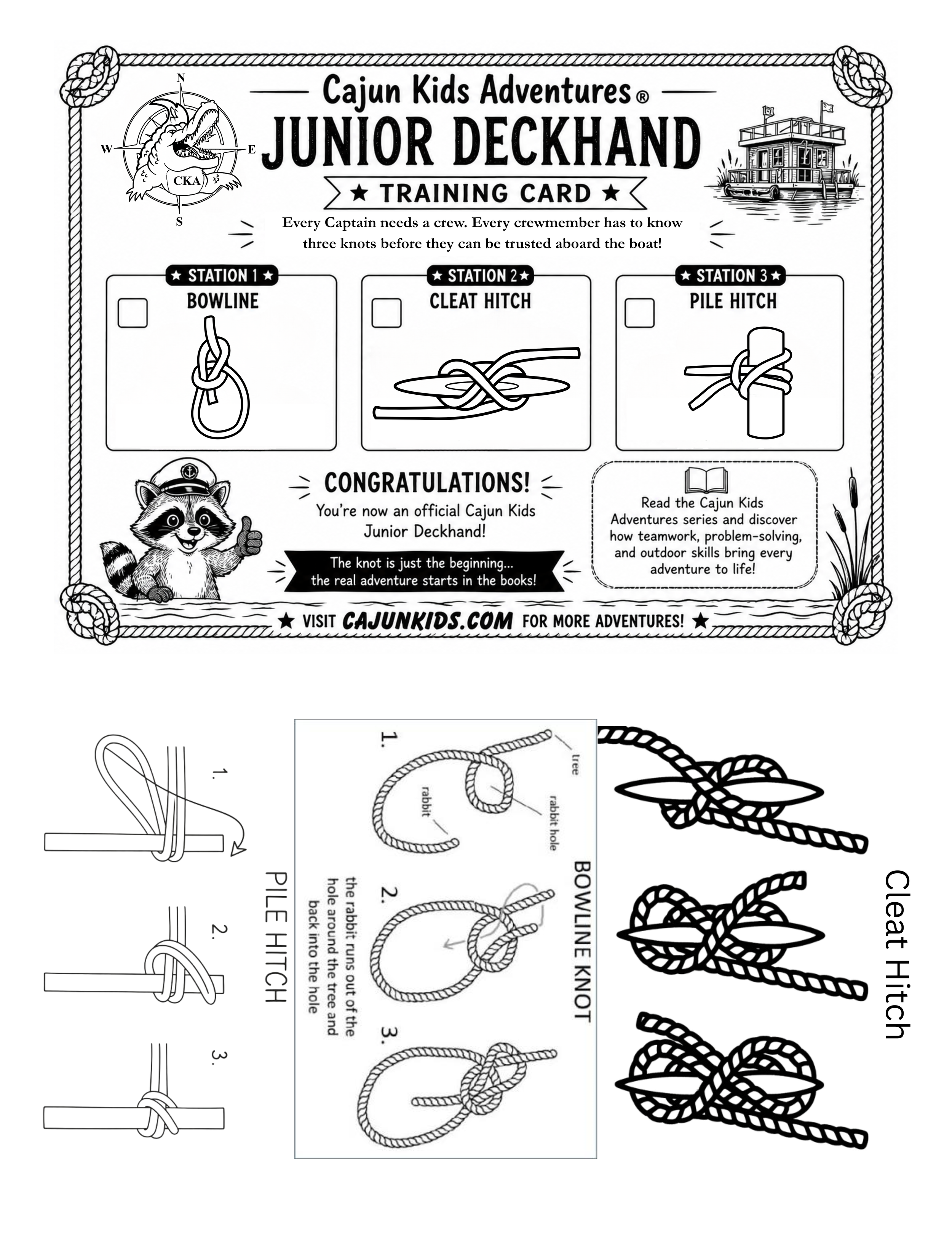 A black and white training card for kids titled "Junior Deckhand" with an illustration of a crocodile holding a star, a pirate raccoon giving a thumbs-up, and instructions on how to tie knots using diagrams and text. The card features a nautical theme with ropes and a boat illustration.