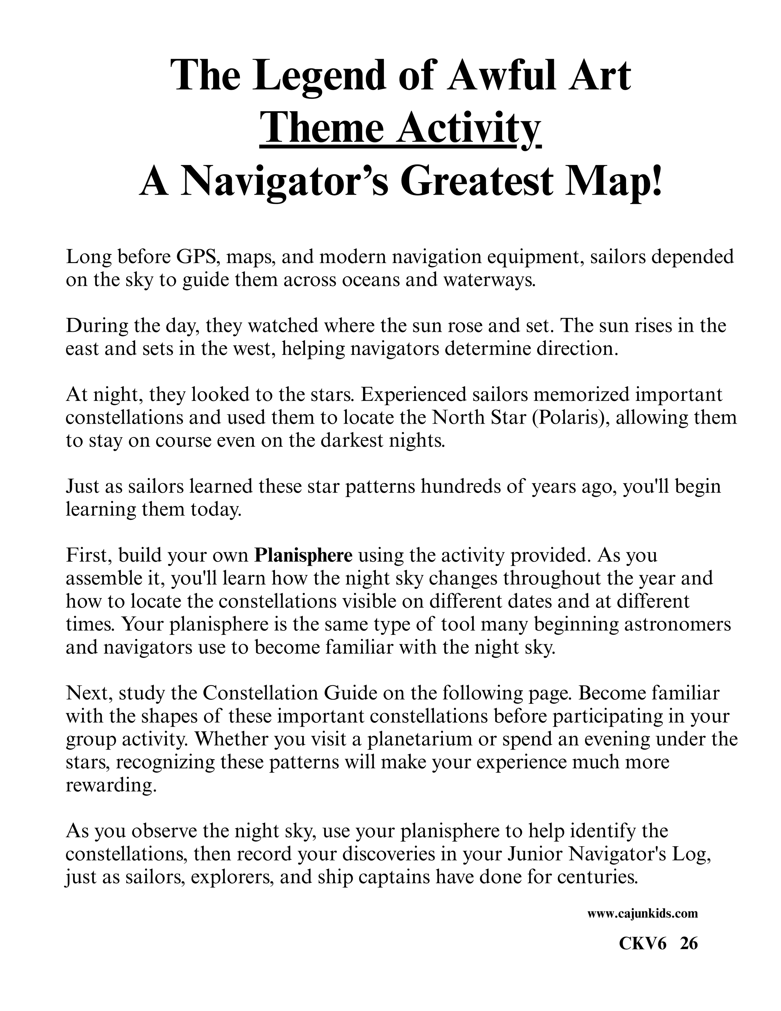 Page from a guide about star patterns and navigation for sailors, explaining how sailors used the sky to navigate before GPS, maps, and modern equipment.