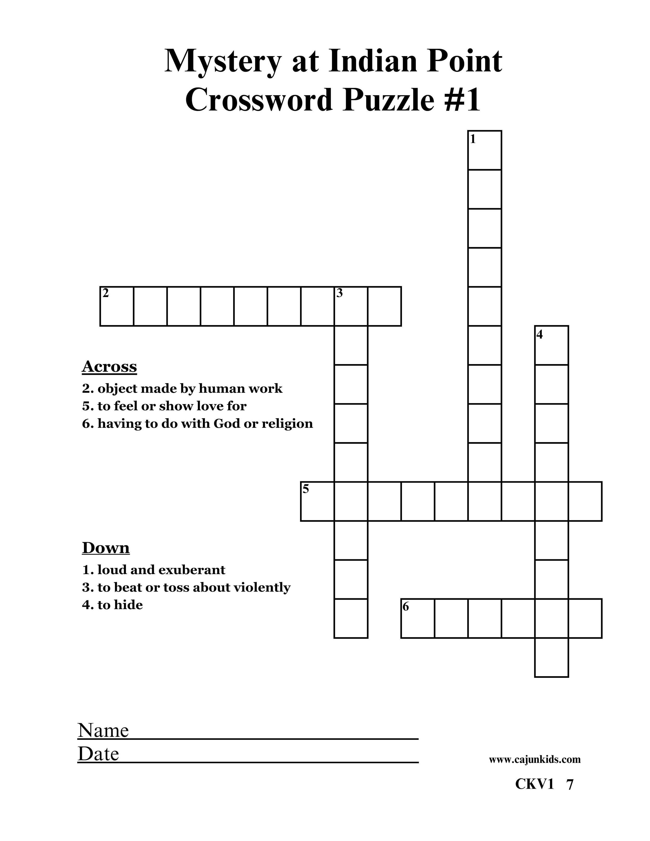 A crossword puzzle titled "Mystery at Indian Point" with clues across and down, and space for name and date at the bottom.
