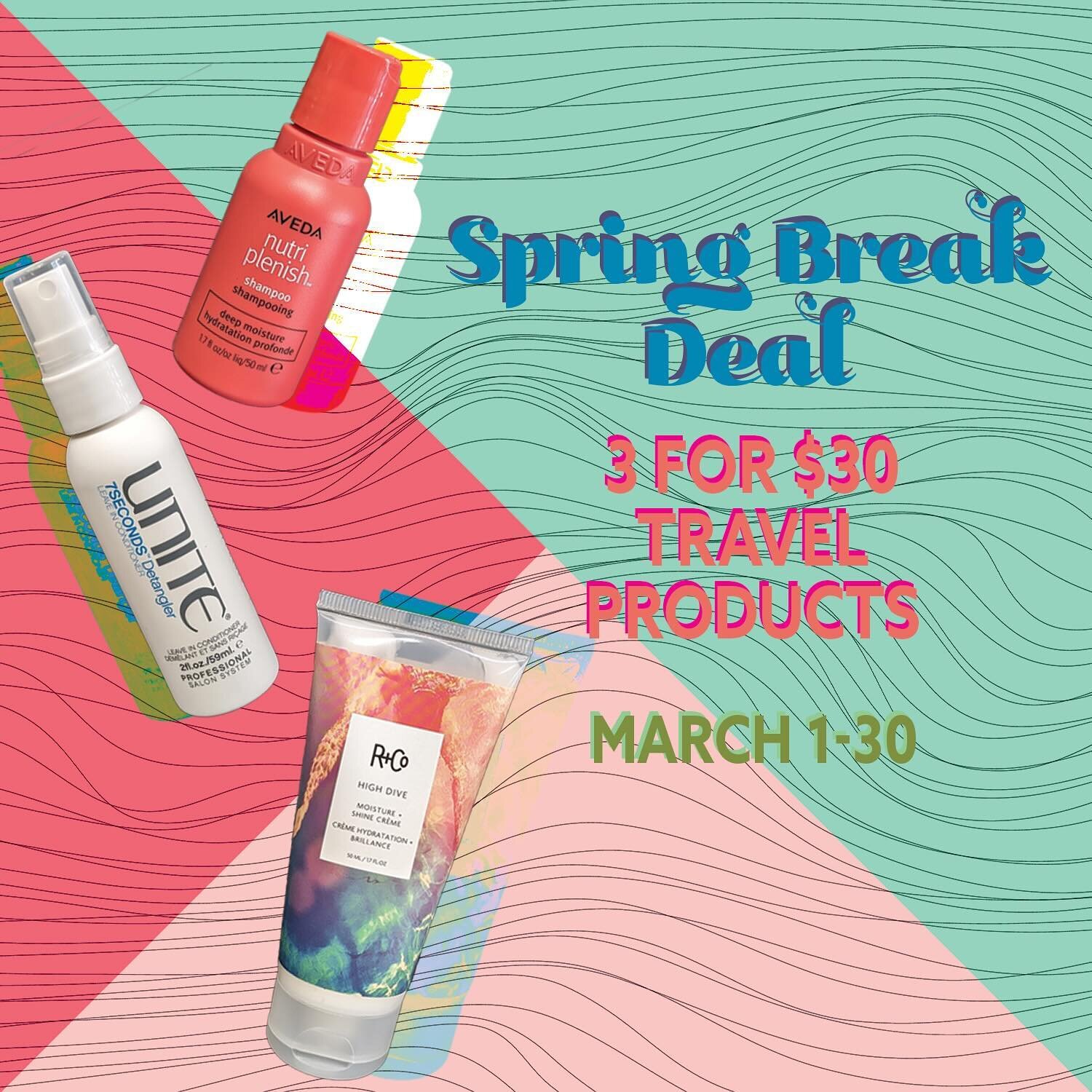 Get your Spring Break travel products at Macdaddy! Mix &amp; Match 3 for $30 deal through the month of March. 

&bull;

&bull;

&bull;
#travelhairproducts #randco #aveda #unite