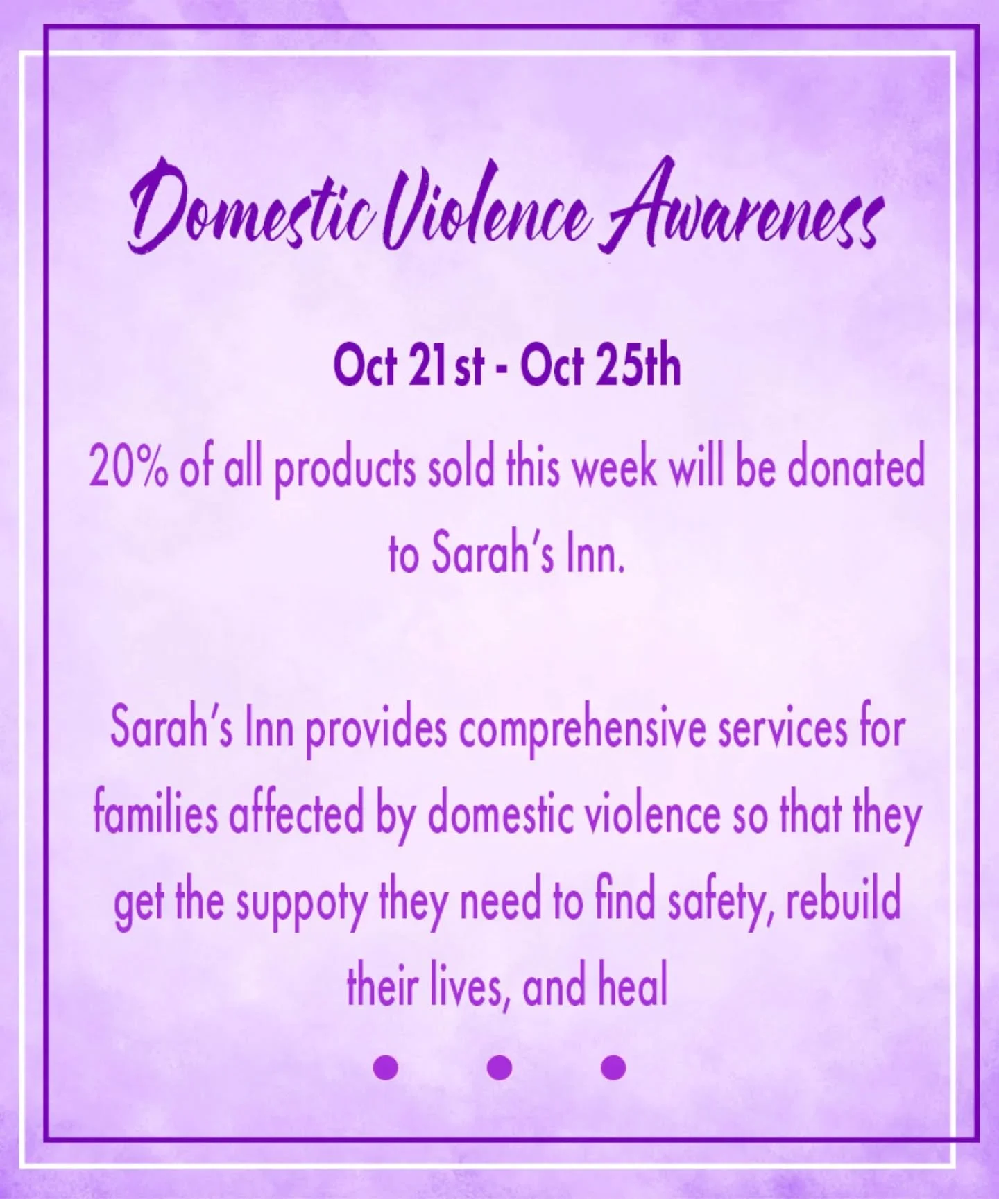 This week at Macdaddy we are honoring domestic violence awareness month by donating 20% of all product sales sold 10/21-10/25 to @sarahs_inn.