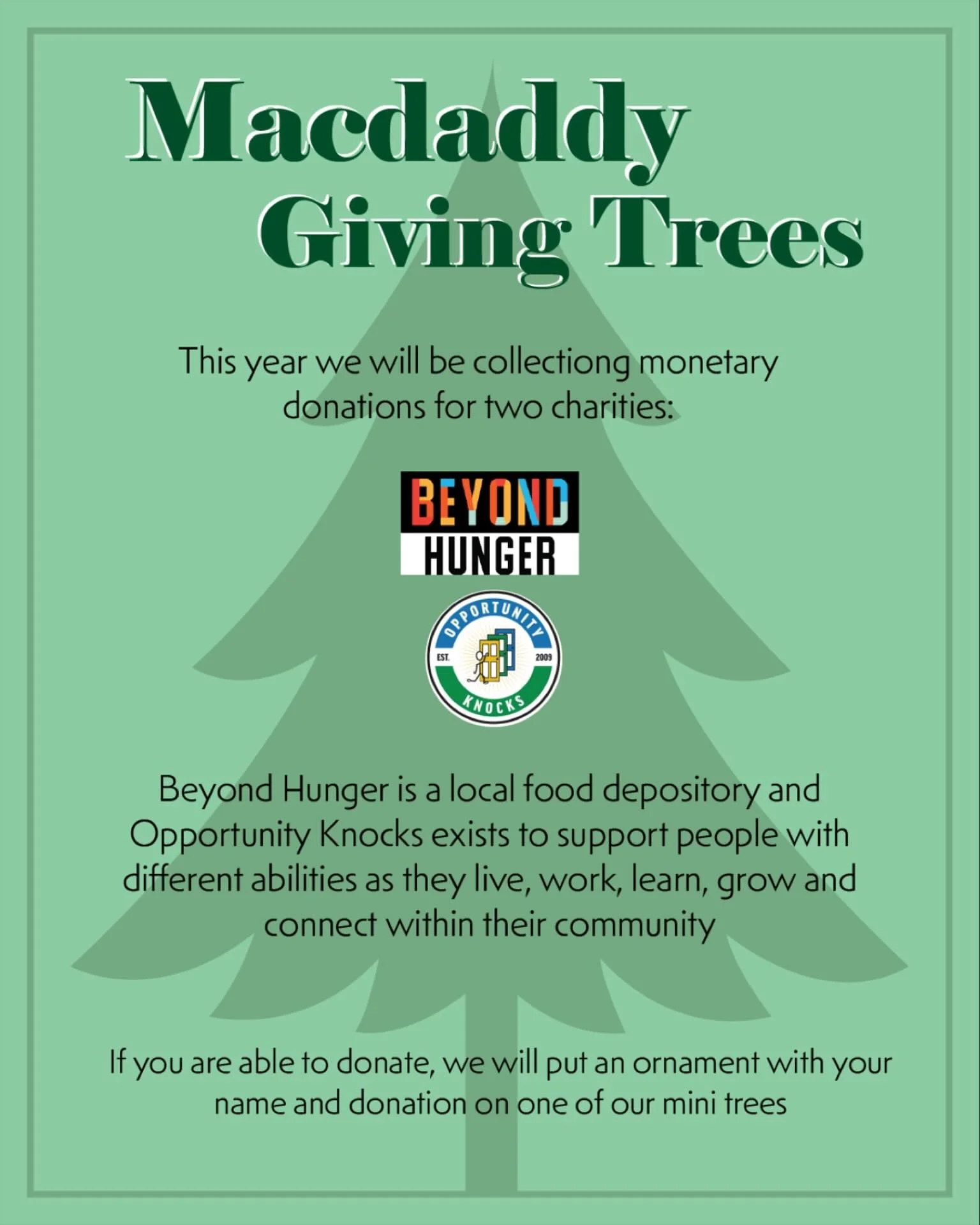 TIS THE GIVING SEASON! Our Giving Trees are up now through December 20th. We will be accepting monetary donations for two charities @gobeyondhunger and @okwarriors

Beyond Hunger is a local food depository and Opportunity Knocks helps support people 
