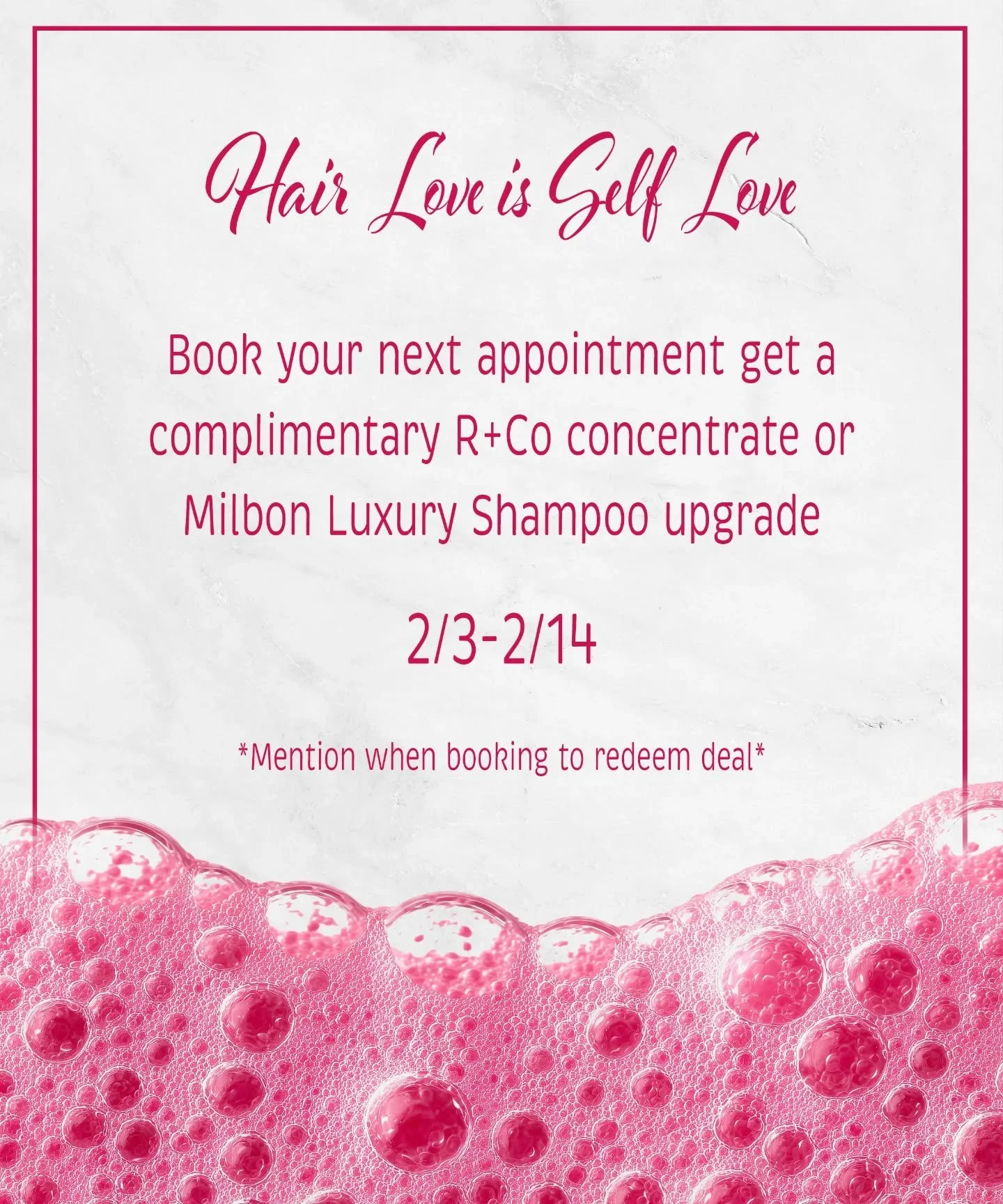 Love the hair you're in! Book your next appointment and receive a complimentary @randco concentrate or @milbonusa Luxury Shampoo upgrade. Offer valid 2/3-2/14. Mention deal when booking to redeem at next appointment! &hearts;️&hearts;️&hearts;️