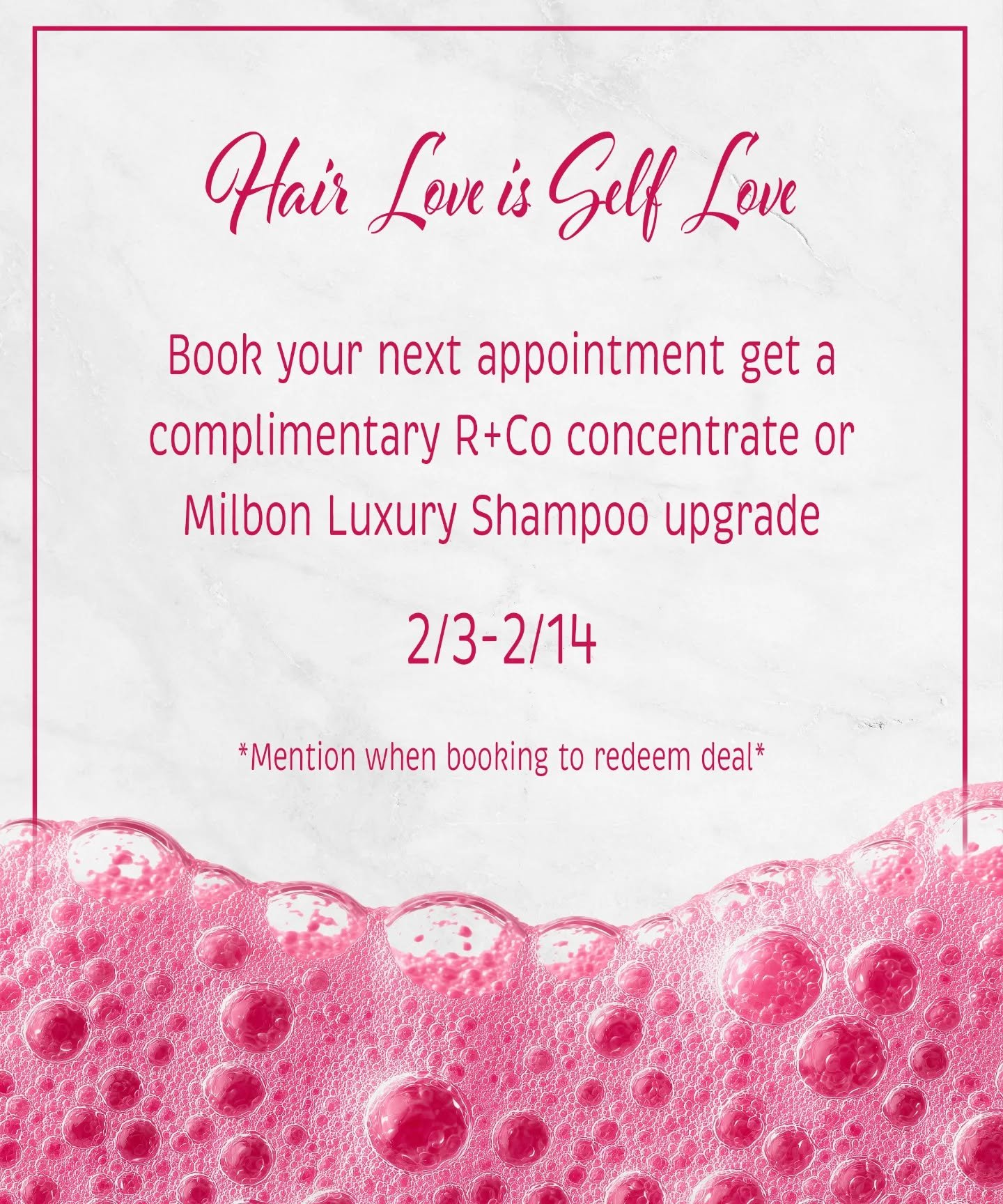 Love the hair you're in! Book your next appointment and receive a complimentary @randco concentrate or @milbonusa Luxury Shampoo upgrade. Offer valid 2/3-2/14. Mention deal when booking to redeem at next appointment! &hearts;️&hearts;️&hearts;️