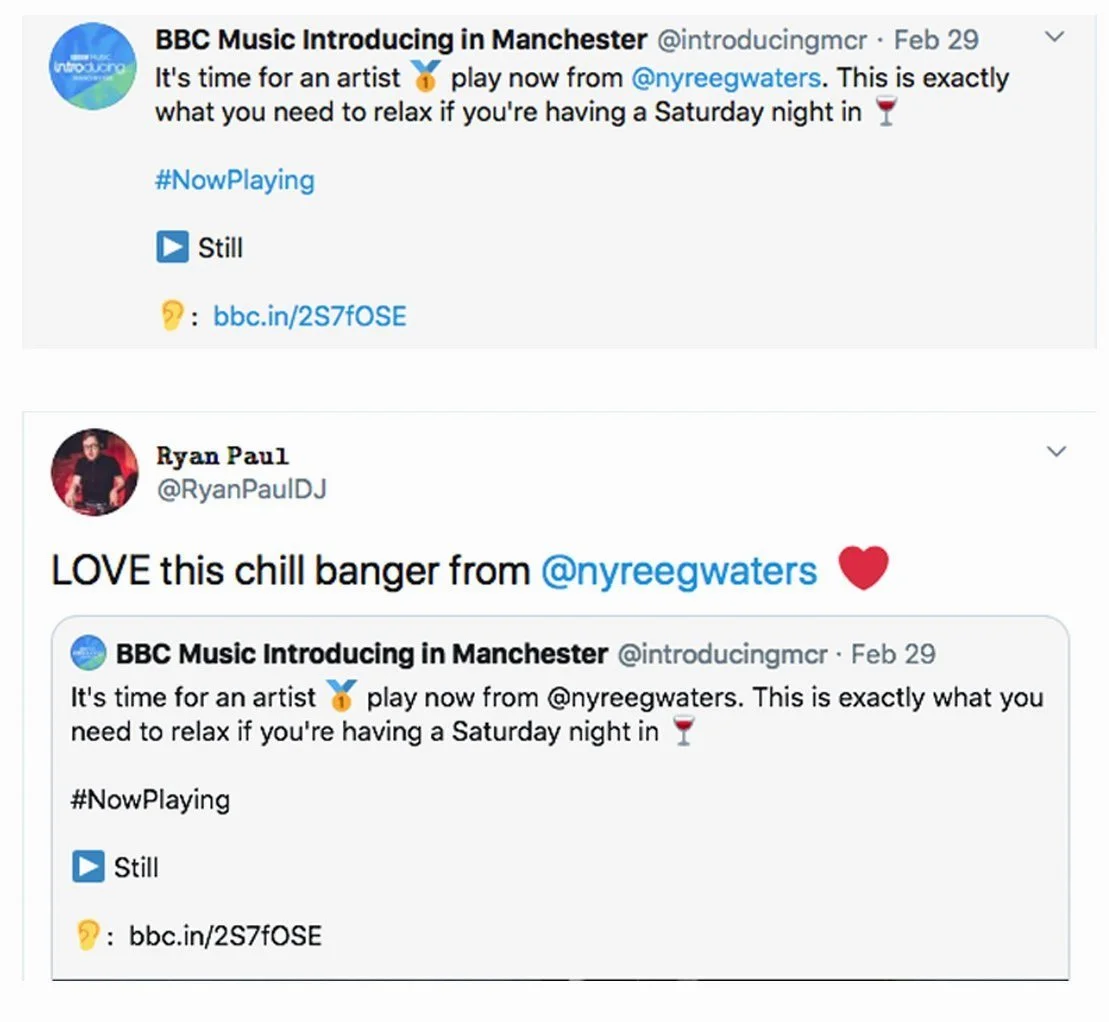 a screenshot of a tweet from BBC Music Introducing in Manchester: It's time for an artist 1st play now from @nyreewaters. This is exactly what you need to relax if you're having a Saturday night in. #NowPlaying 'Still'.