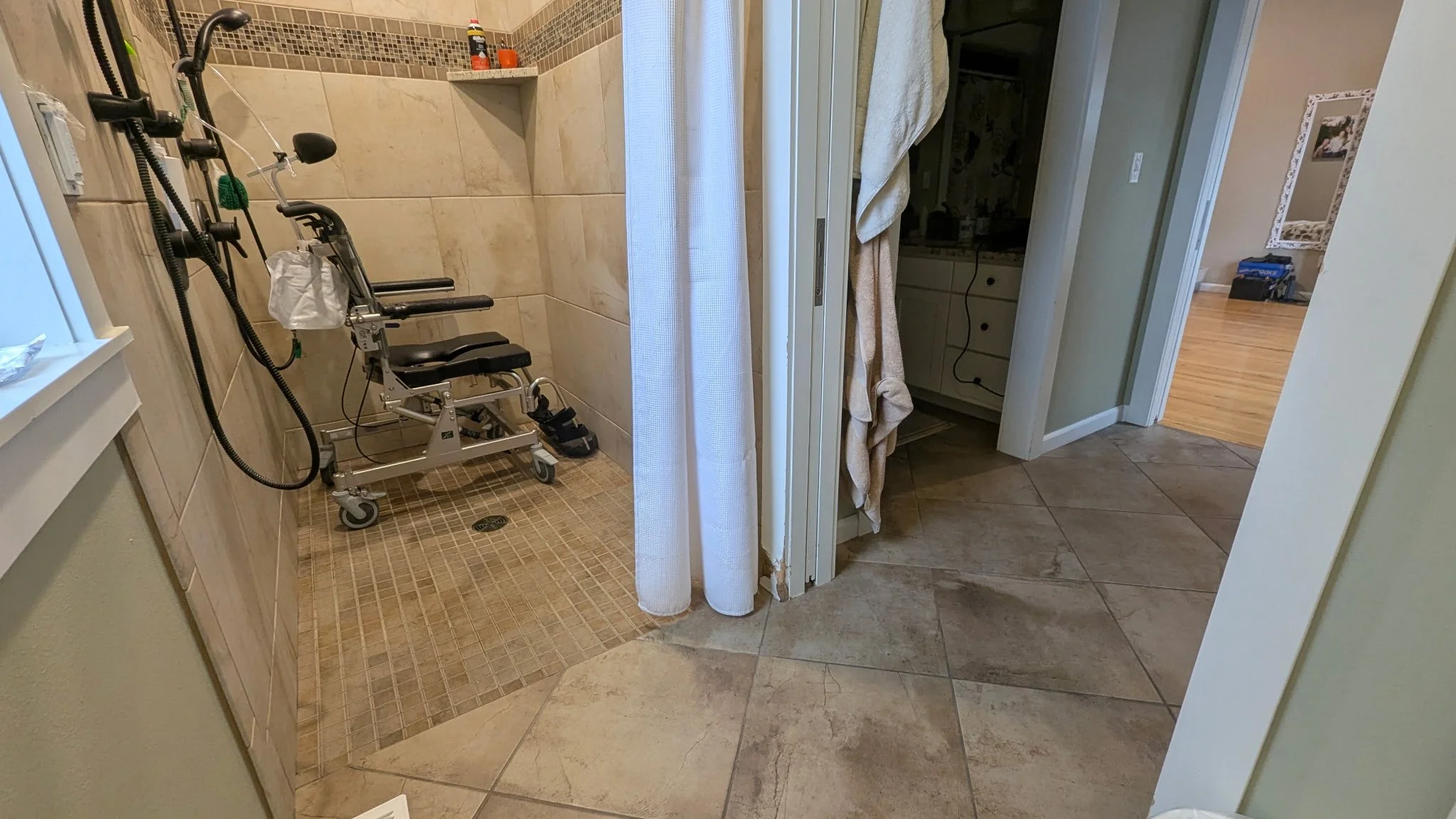71 in. x 45 in. Walk in Wheelchair Accessible Shower with Two Shower Heads