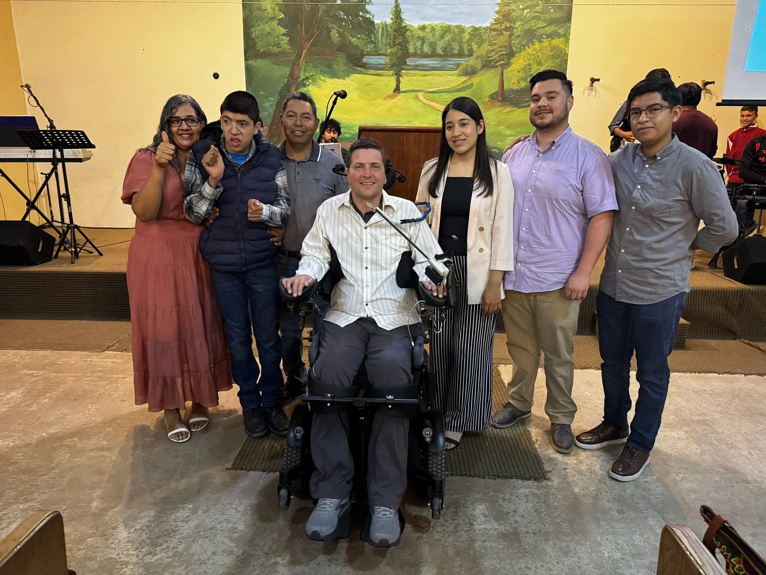 Asael Montesinos and his parents, Lázaro and Idali, and his family with Wes Price at Nueva Era Church in San Quintín Valley, Baja California, Mexico. These are the founders of Asael Ministries who minister to the disabled and their families in the lo
