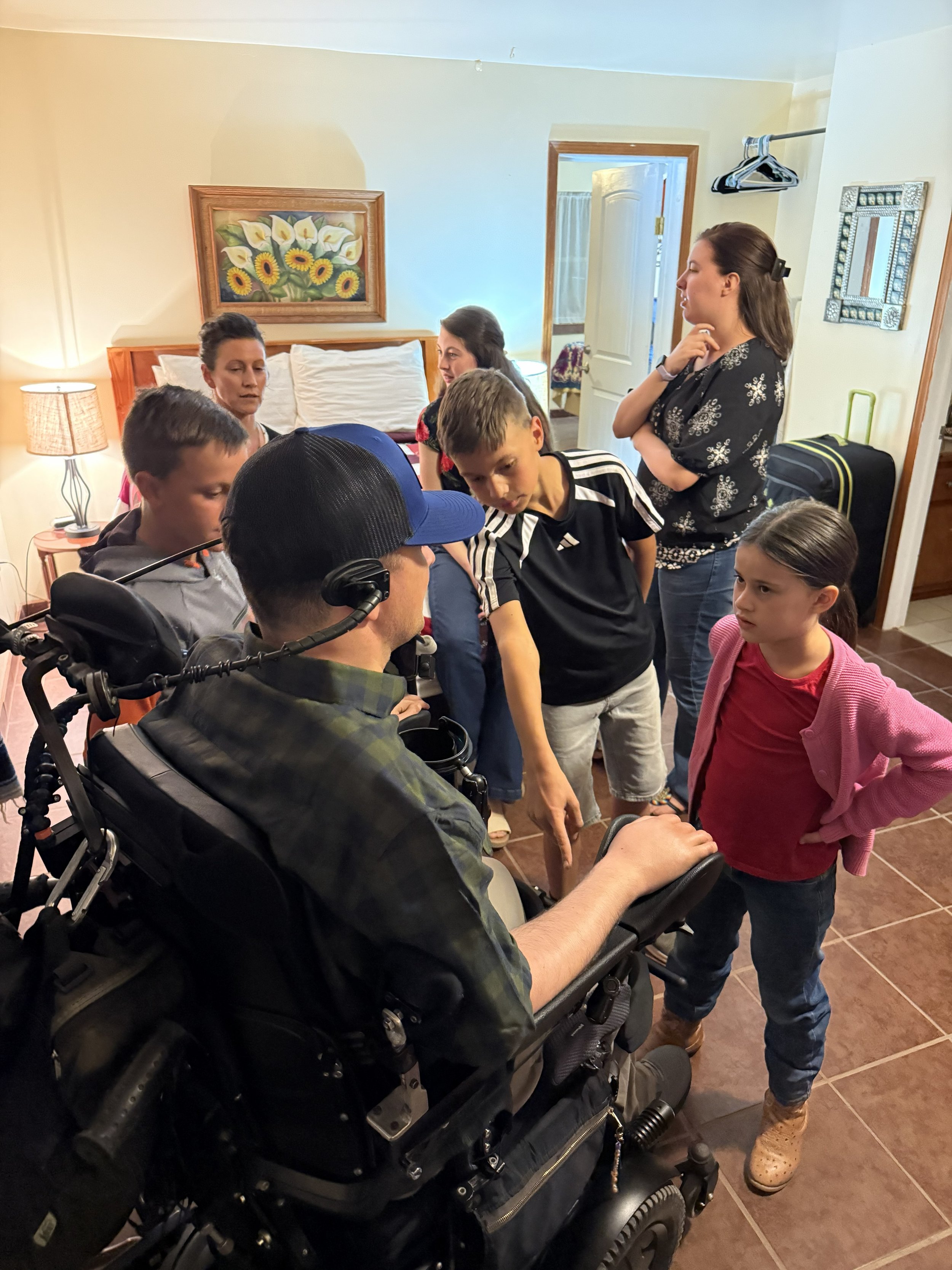 Davee and Wes questioned by the Bokenkamp children, left to right, Micaiah, Davee, Wes, Eliana, Josiah, Adiel, and Aviyah. They are missionary kids serving with Northern Light Ministries. They were so eager to jump in and help and love on Wes, Davee,