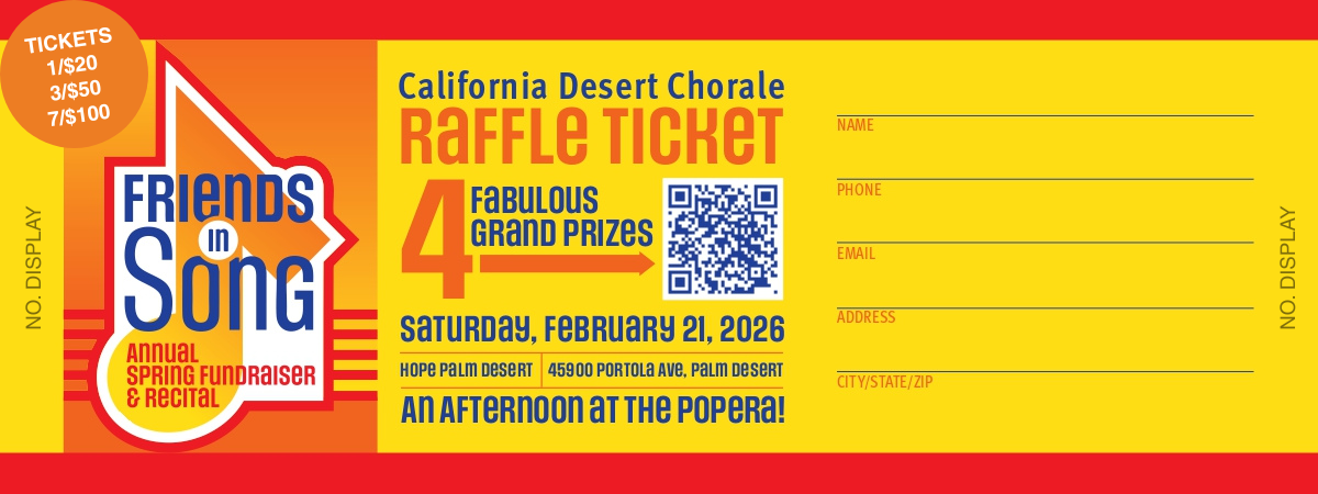 Sample Friends in Song Raffle Ticket in orange and yellow with blue text.