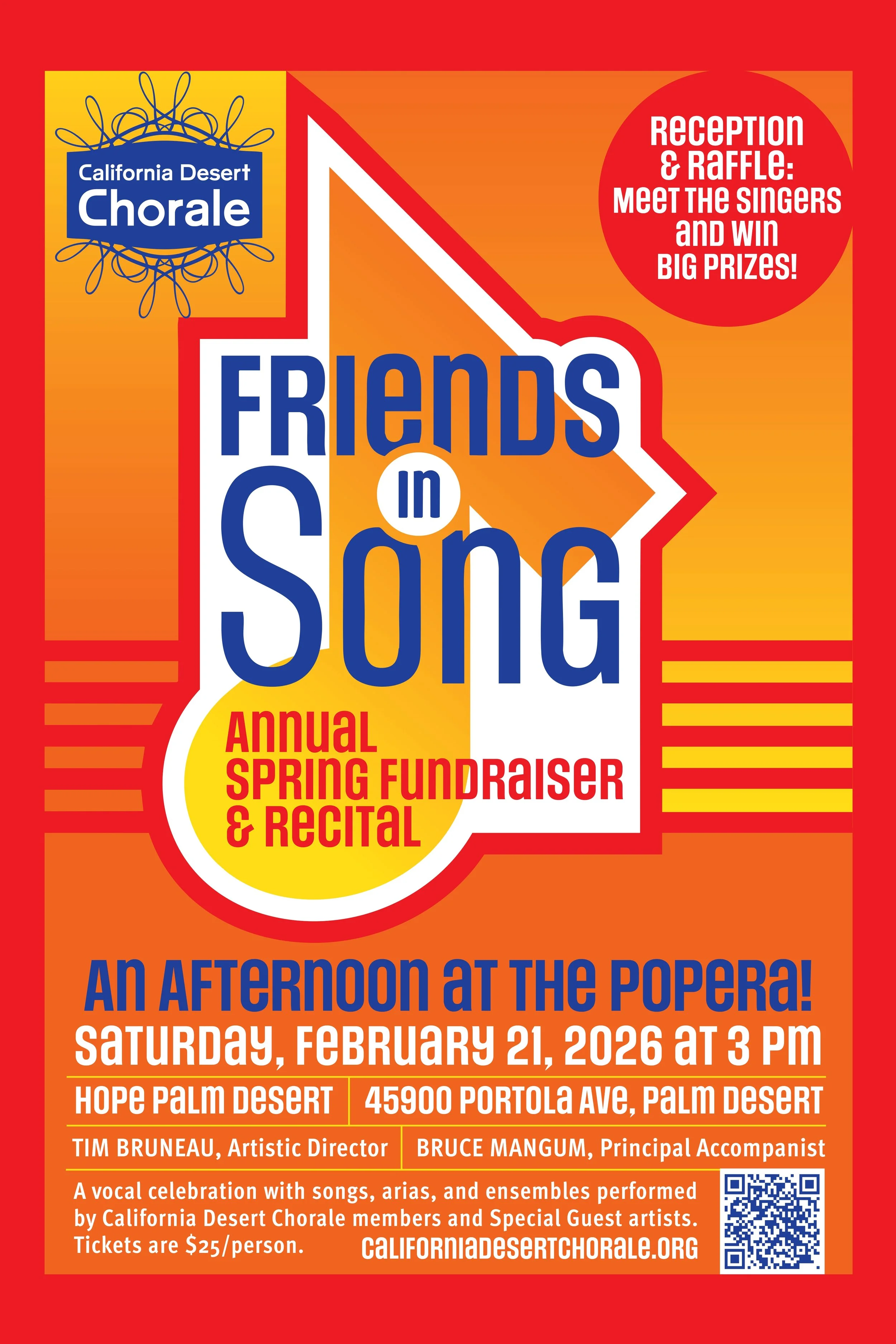 Orange and yellow Friends in Song concert poster featuring large musical note in the center