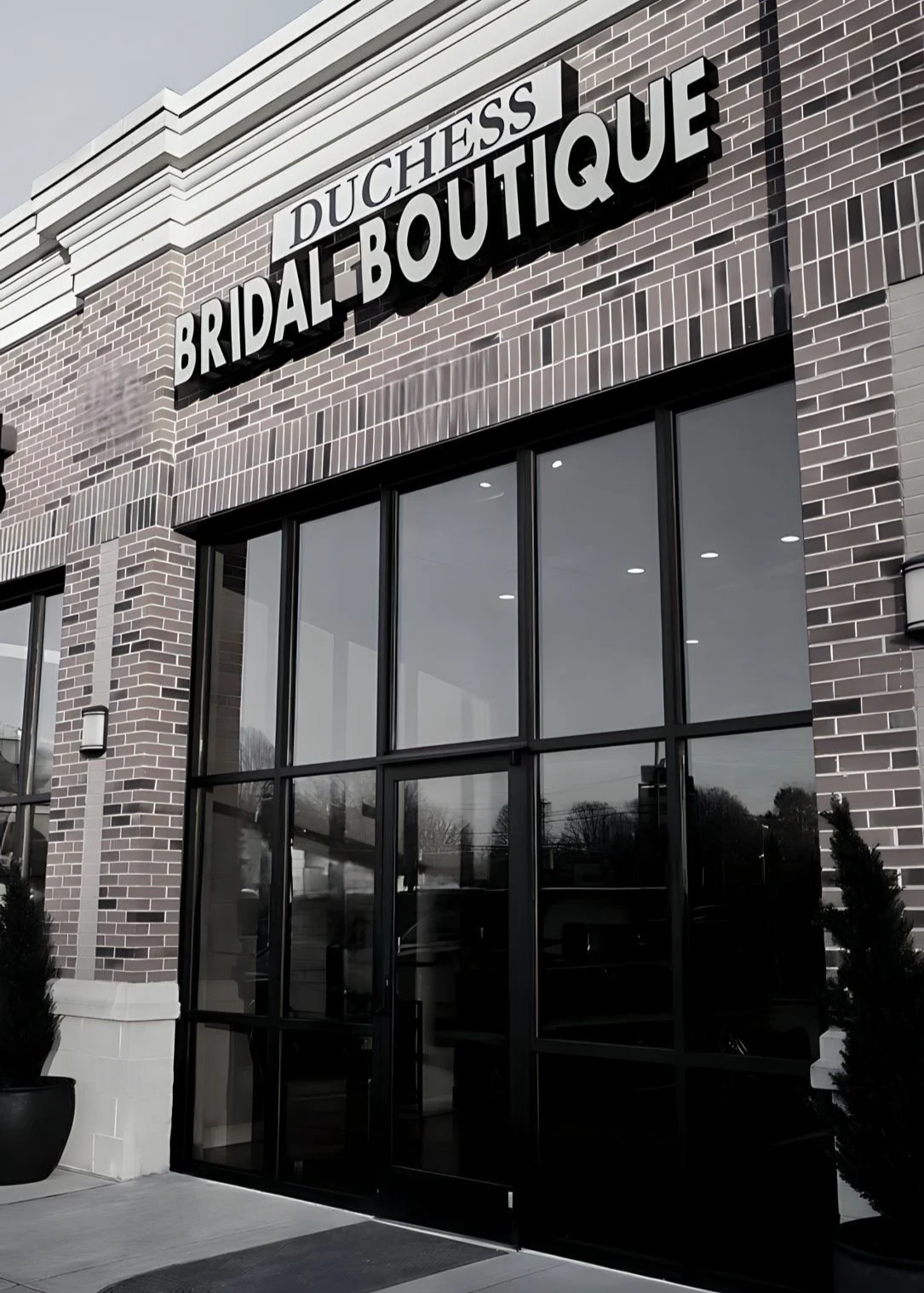 Designer bridal collection display, structured silhouettes, Duchess Bridal showroom Greensboro