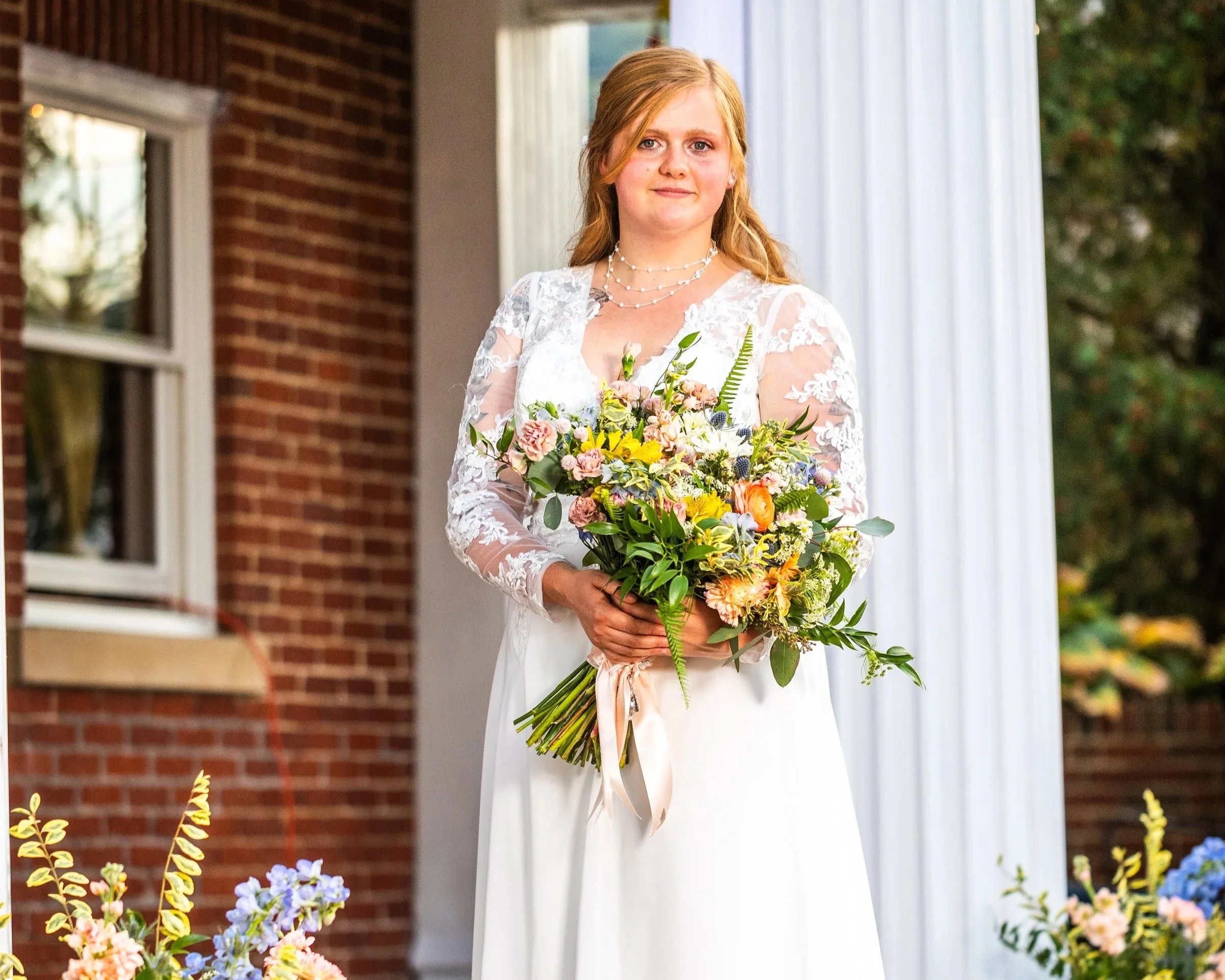 Bride in front of old home in Pearisburg