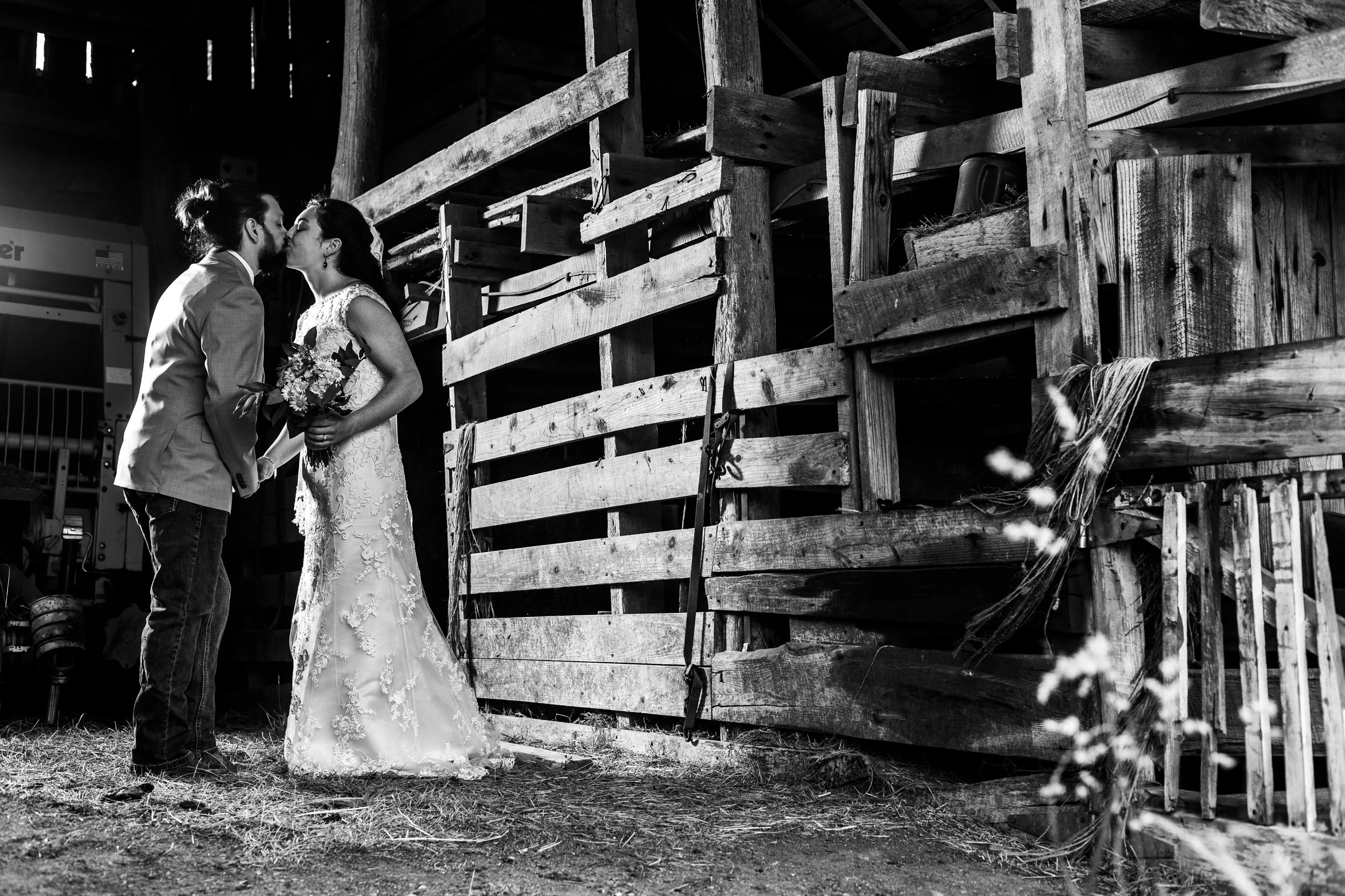 Black and white in a barn