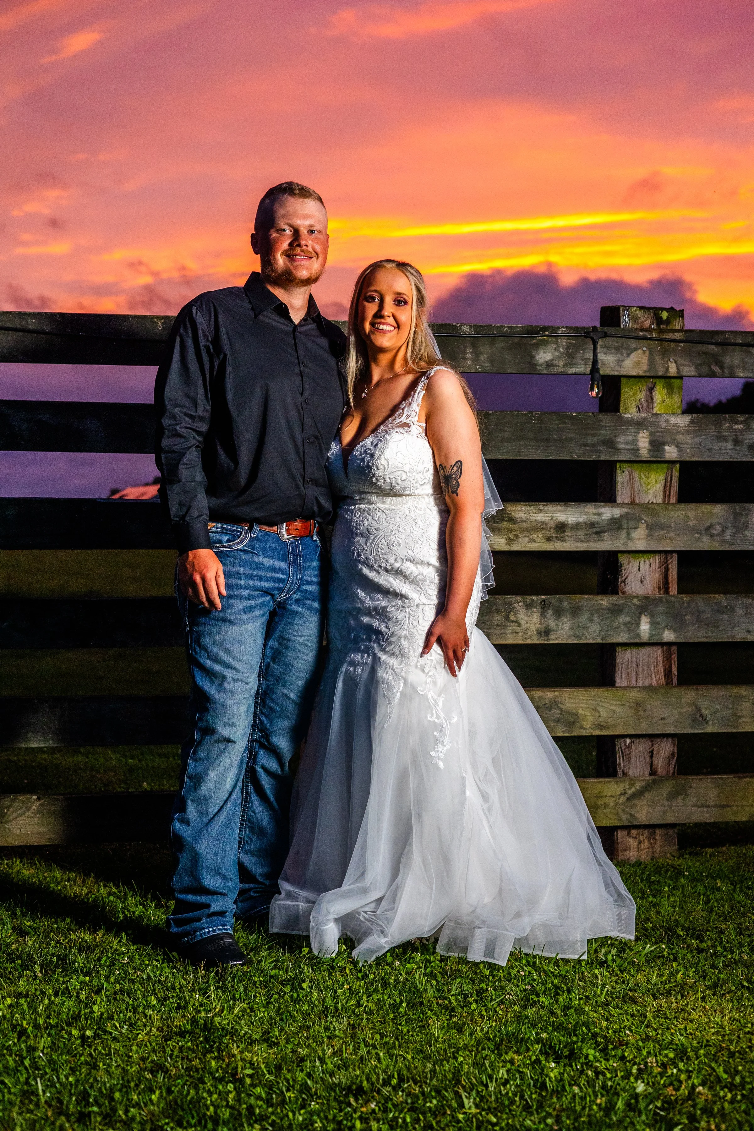 Beautiful sunset colors of the happy couple at this venue (Barn Swallow) in West Virginia