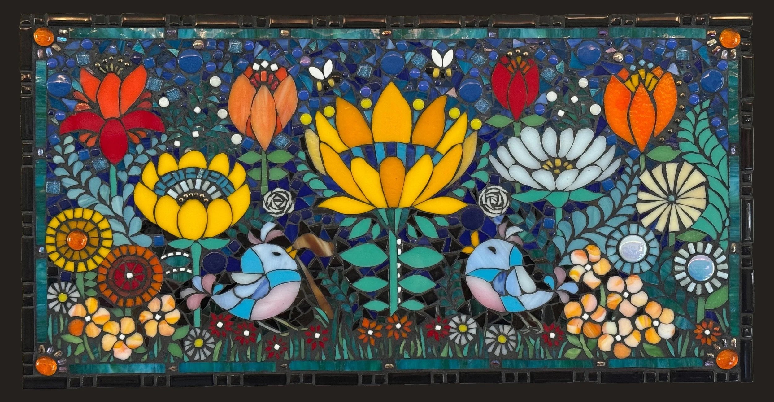 Colorful mosaic of flowers, bees, and birds with yellow, red, orange, white, and blue flowers, surrounded by whimsical roses, daisies, and other blooms, inspired by Scandinavian folk art.
