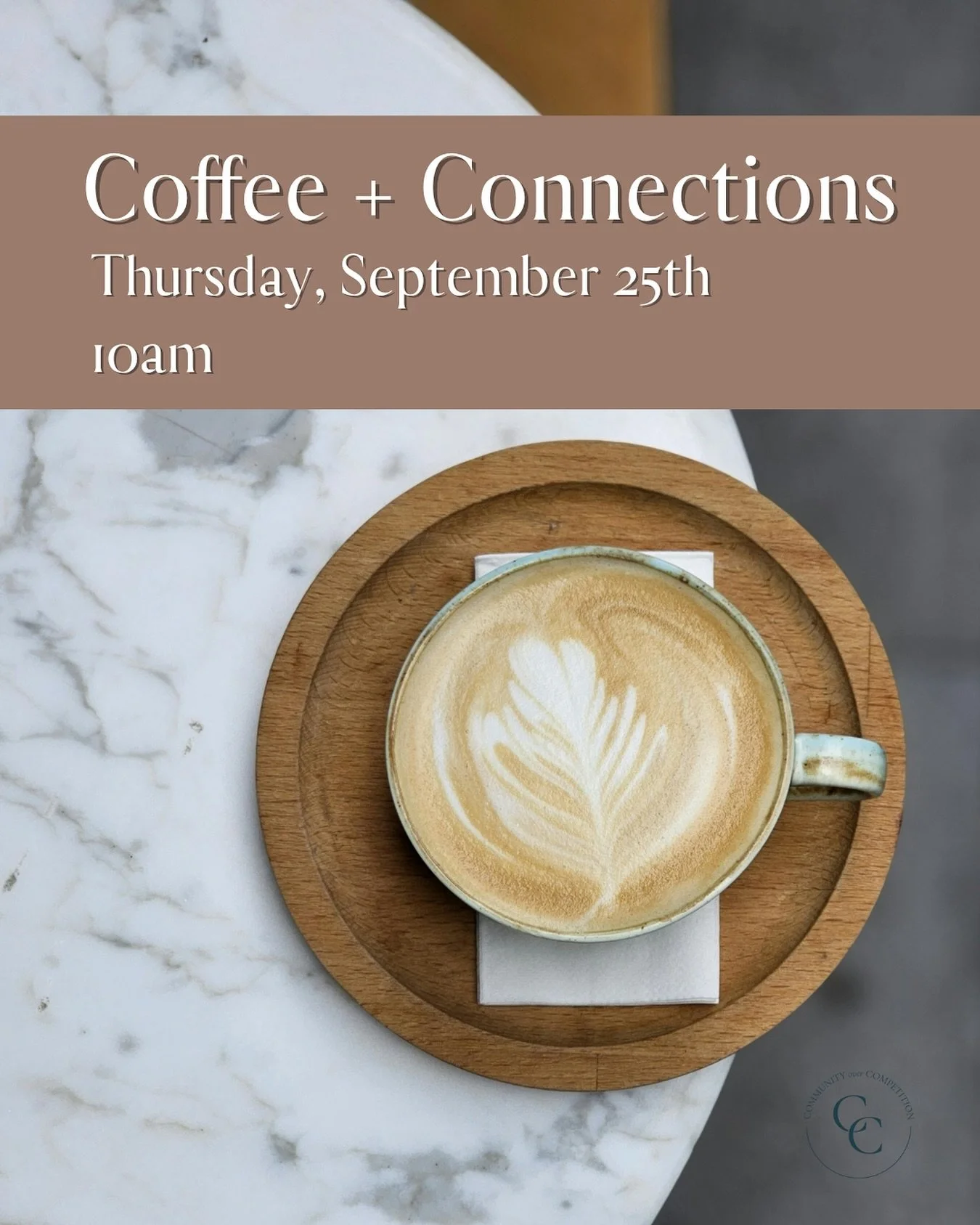 Members can join us next Thursday - September 25th at 10am for Coffee + Connections!

Bring your computer to knock some things off your to do list, take the opportunity to come connect and brainstorm with other driven business owners or set up an int