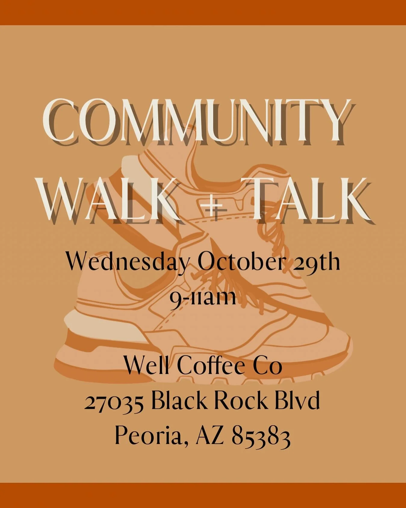 👟 COMMUNITY WALK + TALK EVENT 👟

We&rsquo;re kicking off the fall season with a community walk and talk event on Wednesday October 29th from 9-11am.

We will meet at @wellcoffeeco in North Peoria, grab yourself something to eat and/or drink and we 