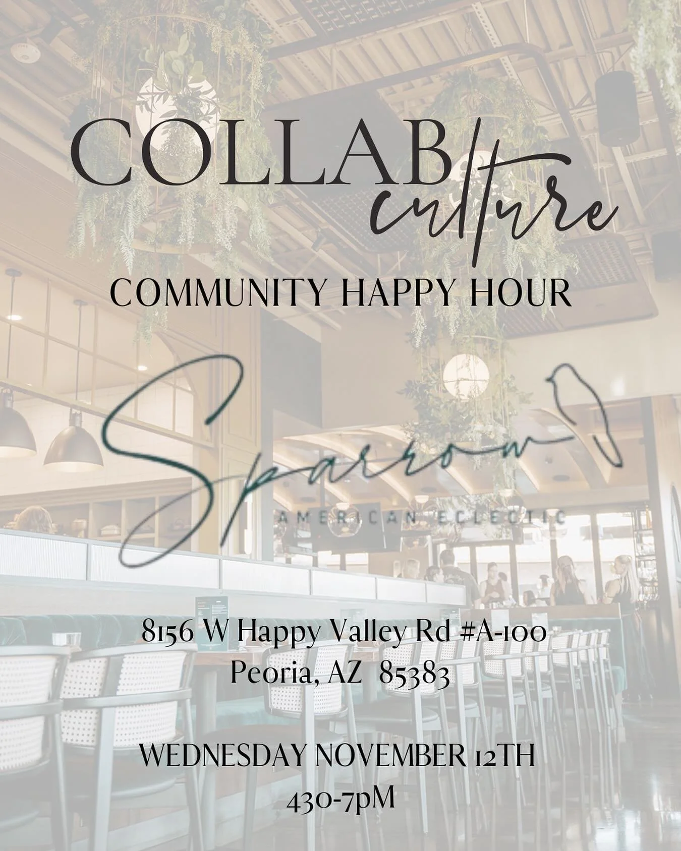 FALL COMMUNITY HAPPY HOUR 🥂

Join us Wednesday November 12th at @sparrowtrailhead in North Peoria from 430-7pm for beautiful weather, delicious bites + sips and even better company!

✔️ Members can RSVP in Circle 
✔️ Guests - simply drop the word CH