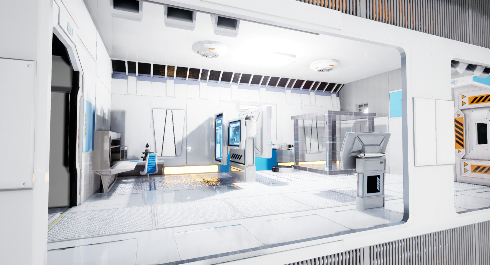 The observation deck, a clean, scientific area overlooking the Testing Chamber.