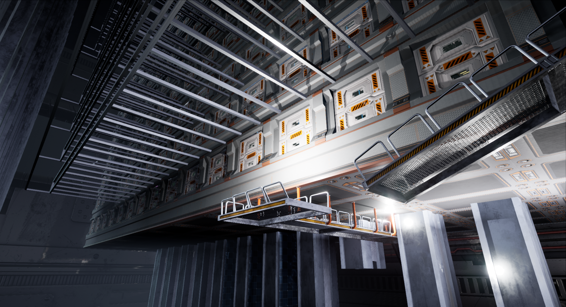 The underside of the second Containment block, where the player can walk along the broken walkways to find the way into the next area of the game; the Hub.