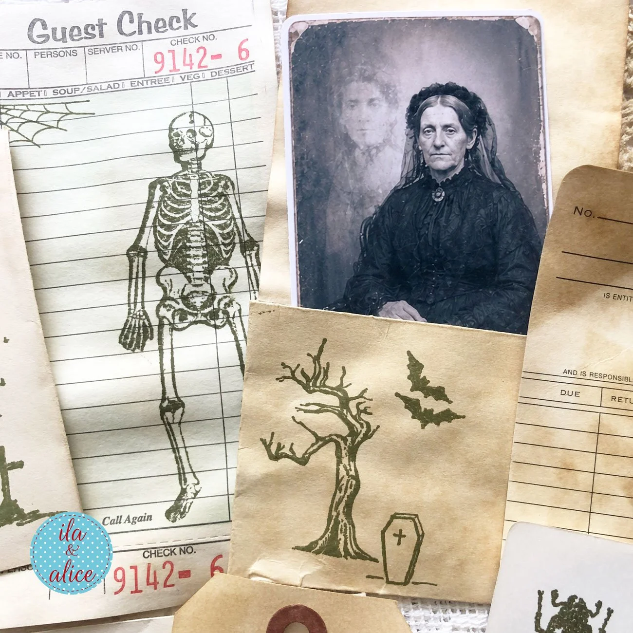 Coffee-dyed haunted ephemera featuring a stamped skeleton on a guest check, an eerie Victorian-style portrait, a library card and a small envelope stamped with a bare tree, bats and a coffin.