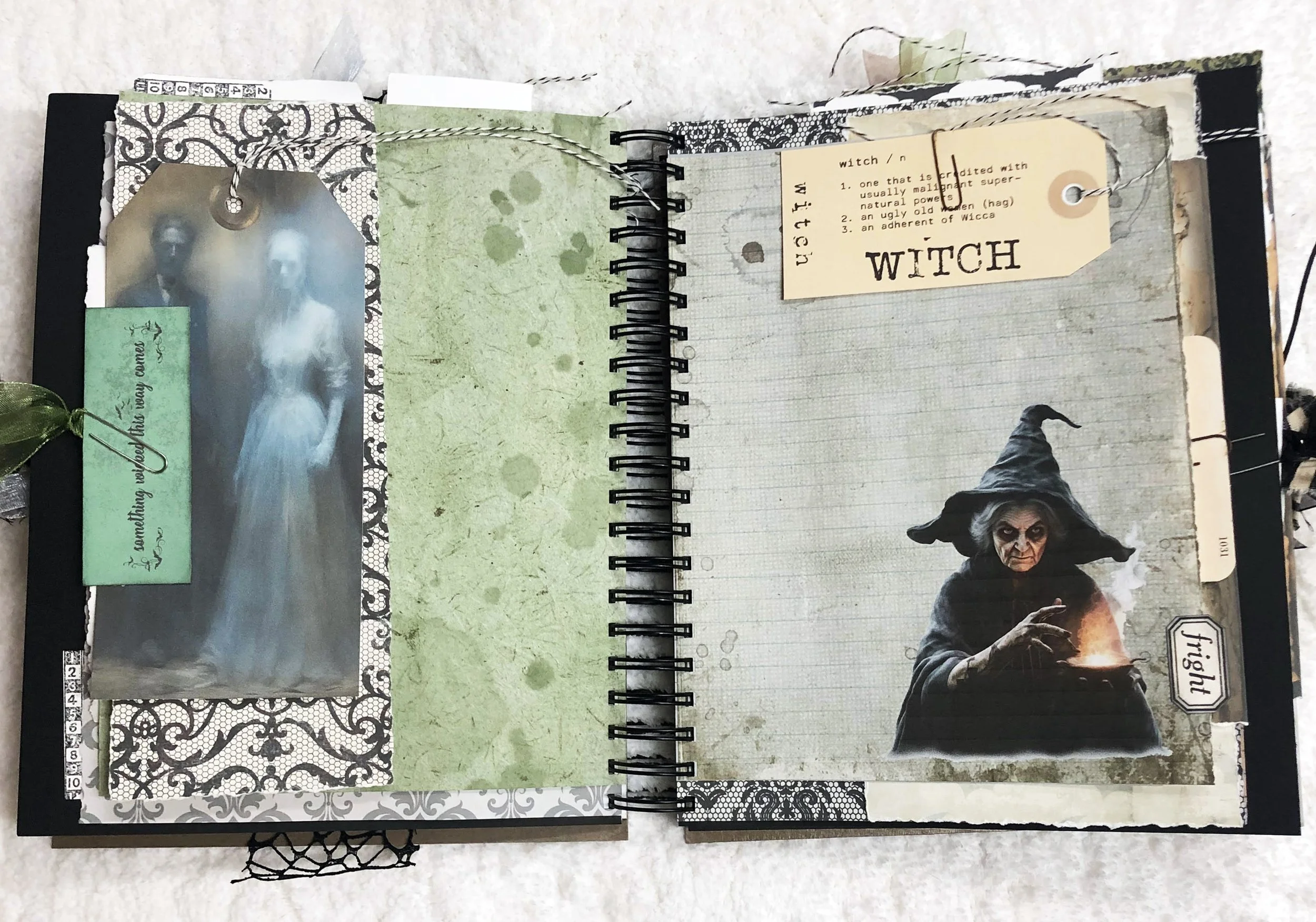 Witch journal spread with ghostly women, distressed green paper, a witch illustration and vintage definition tag.