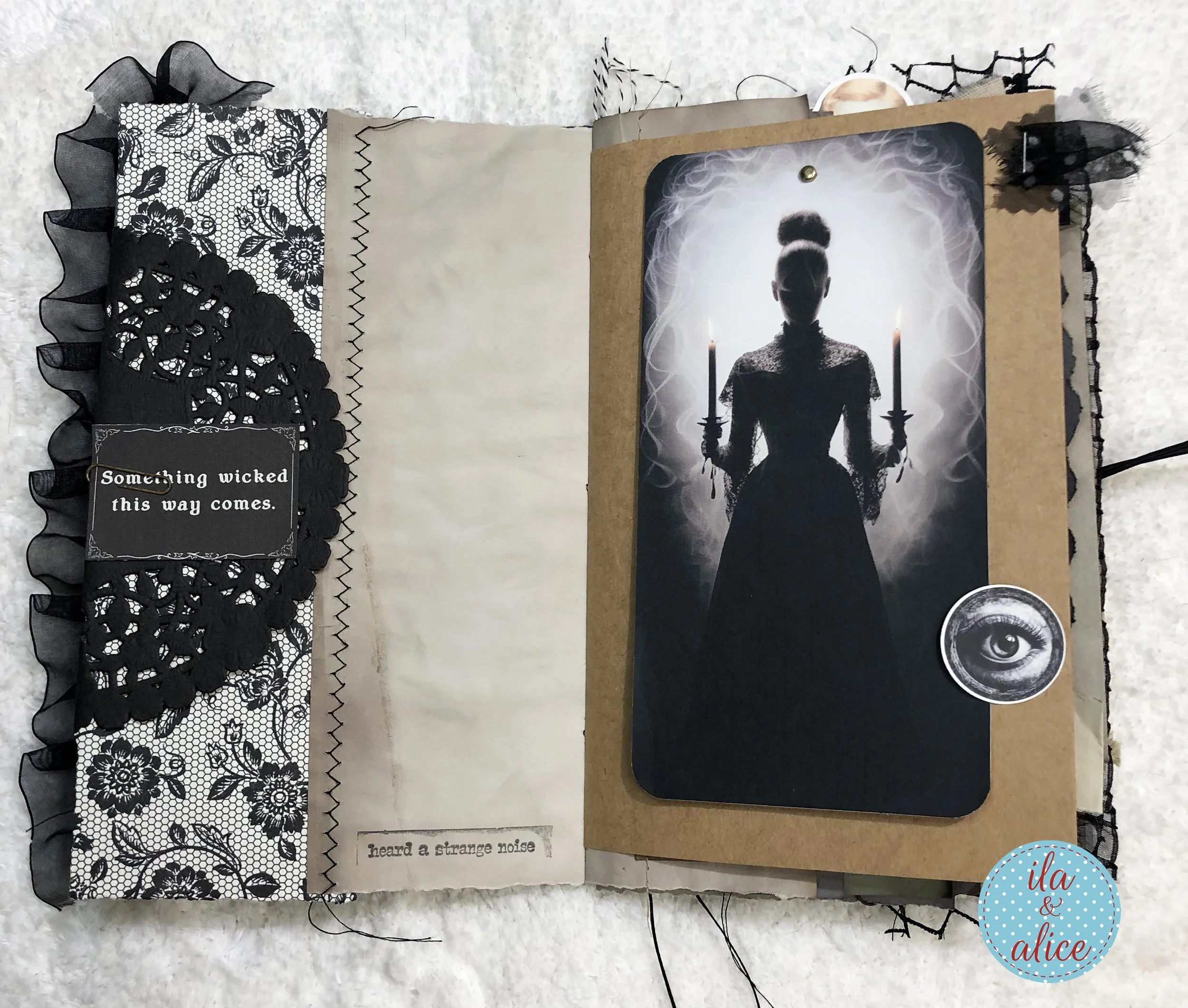 Haunted Halloween journal page featuring a ghostly Victorian woman, aged blue paper, vintage ephemera and a SCARY tag.