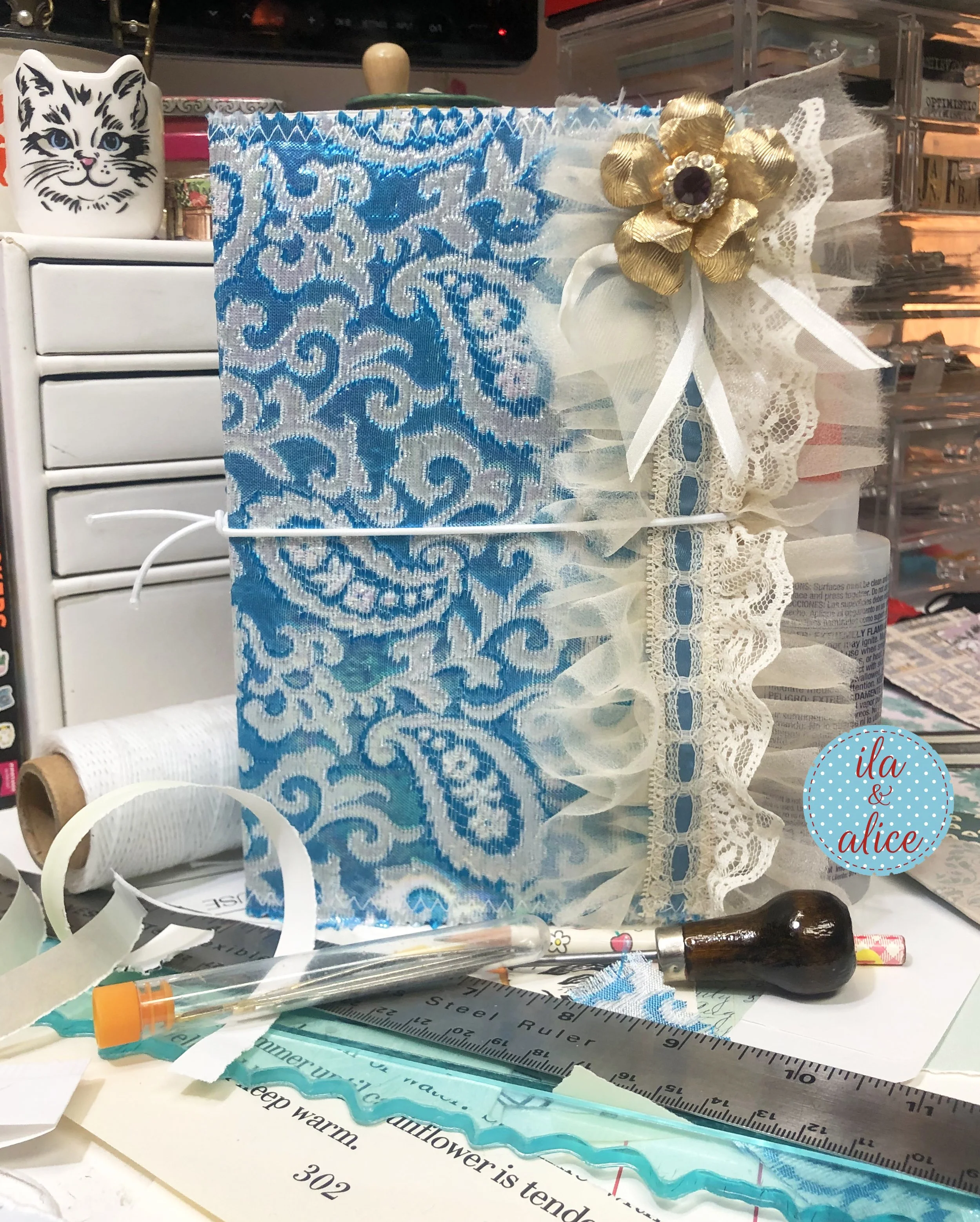 Glittery Blue Fabric Junk journal cover with cream lace