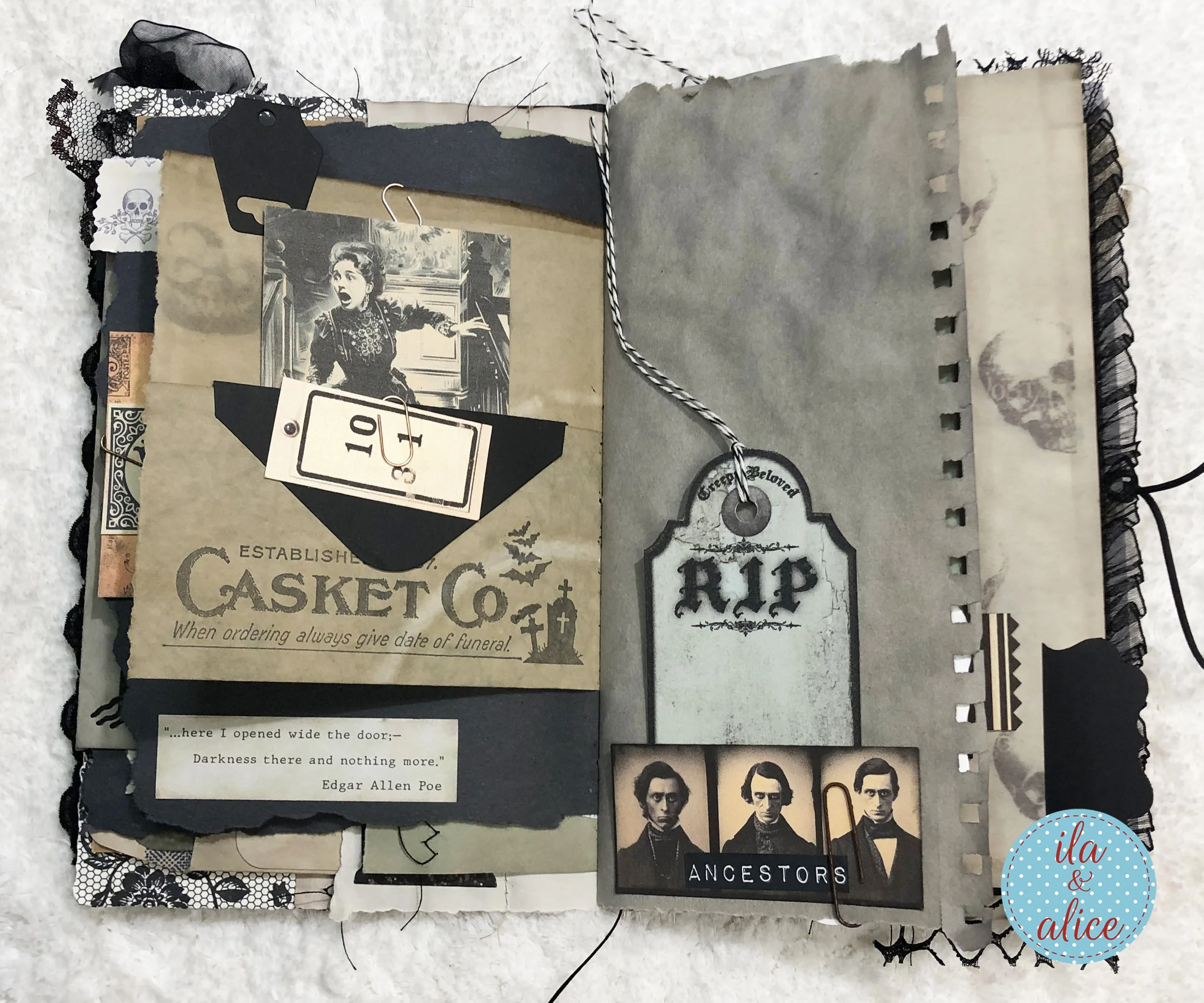 Gothic Halloween scrapbook journal spread featuring Edgar Allan Poe, a vintage Casket Co. card, gravestones, aged papers and macabre ephemera.