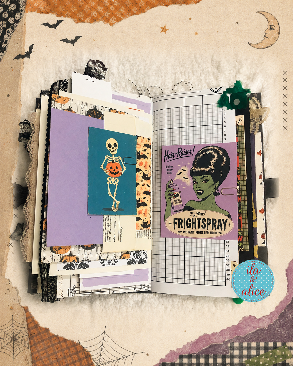 Handmade Halloween junk journal featuring vintage black cats, witches, ghosts, pumpkins, haunted houses, tags, pockets and layered vintage papers.