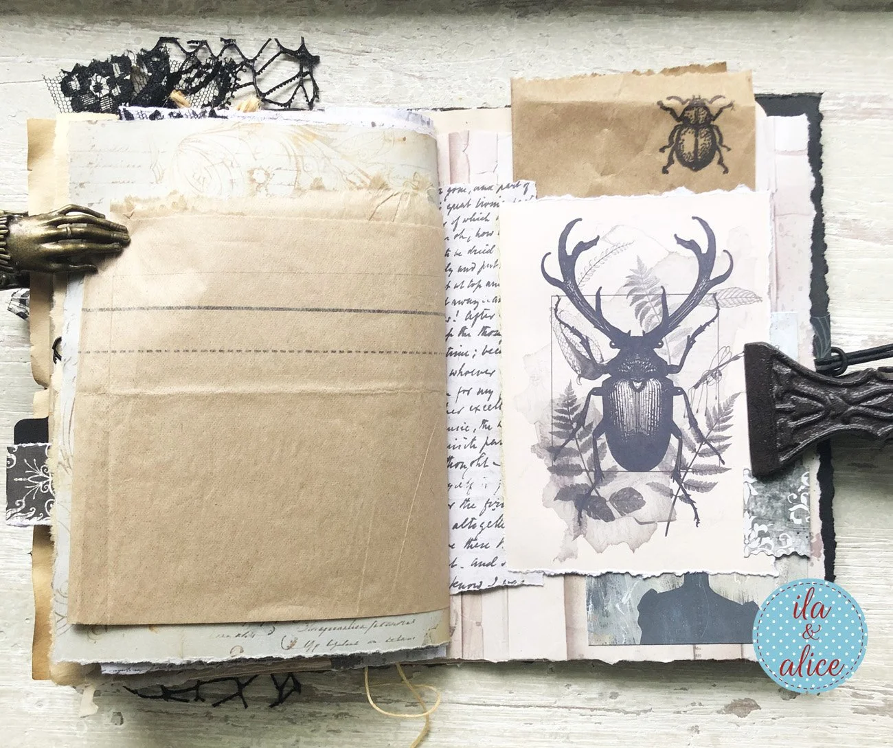 handmade spooky junk journal folio with wax seal, vintage ephemera, and dark folklore aesthetic