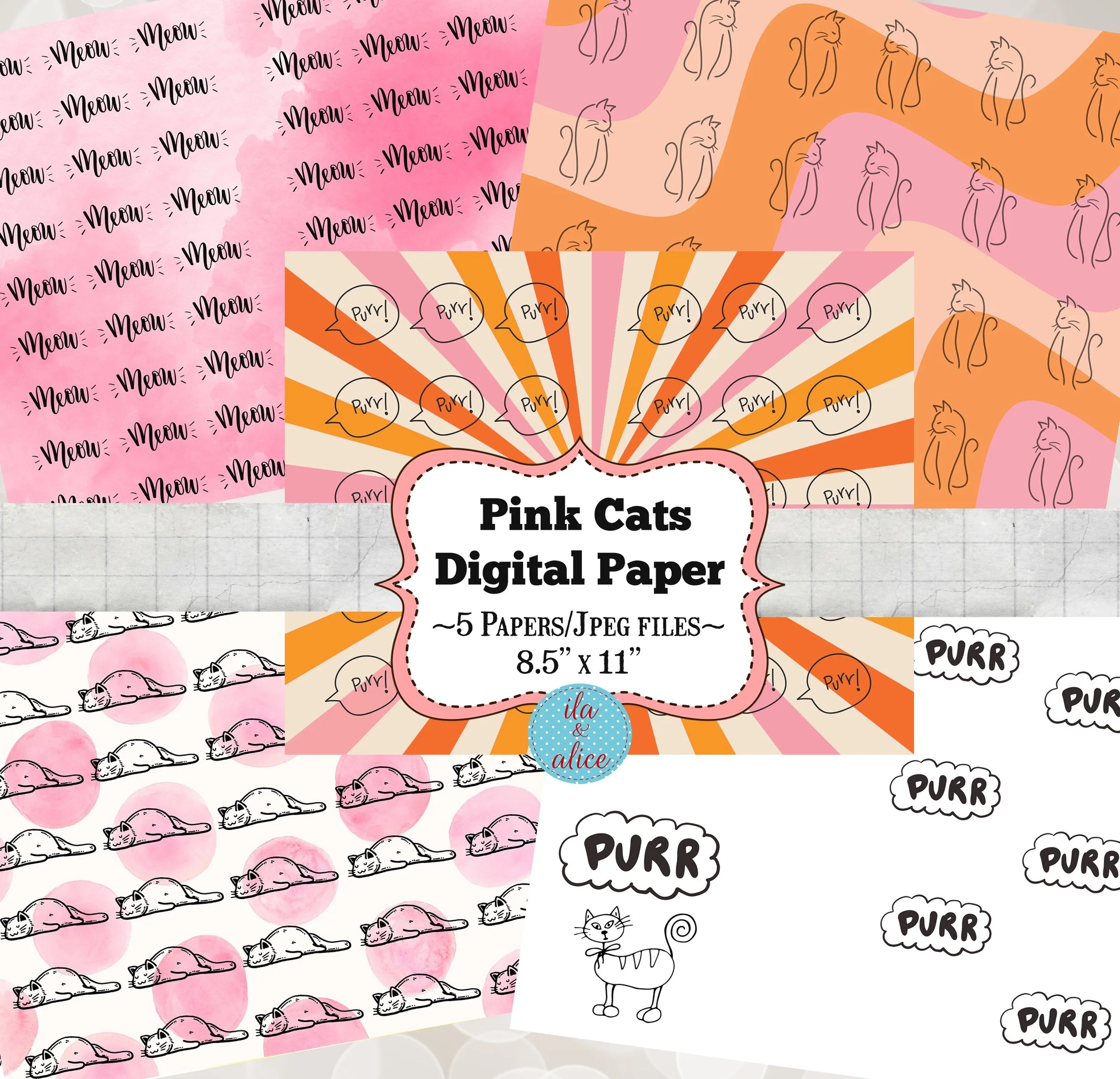 Pink Cat Digital Paper for Junk Journals, Collage