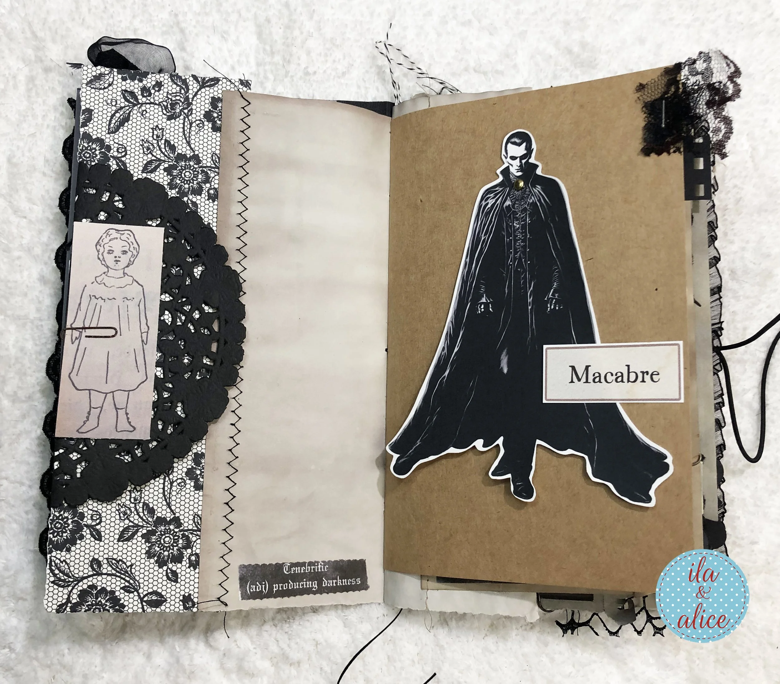 Gothic Halloween junk journal spread featuring Dracula, black lace, aged papers and macabre vintage-style ephemera.