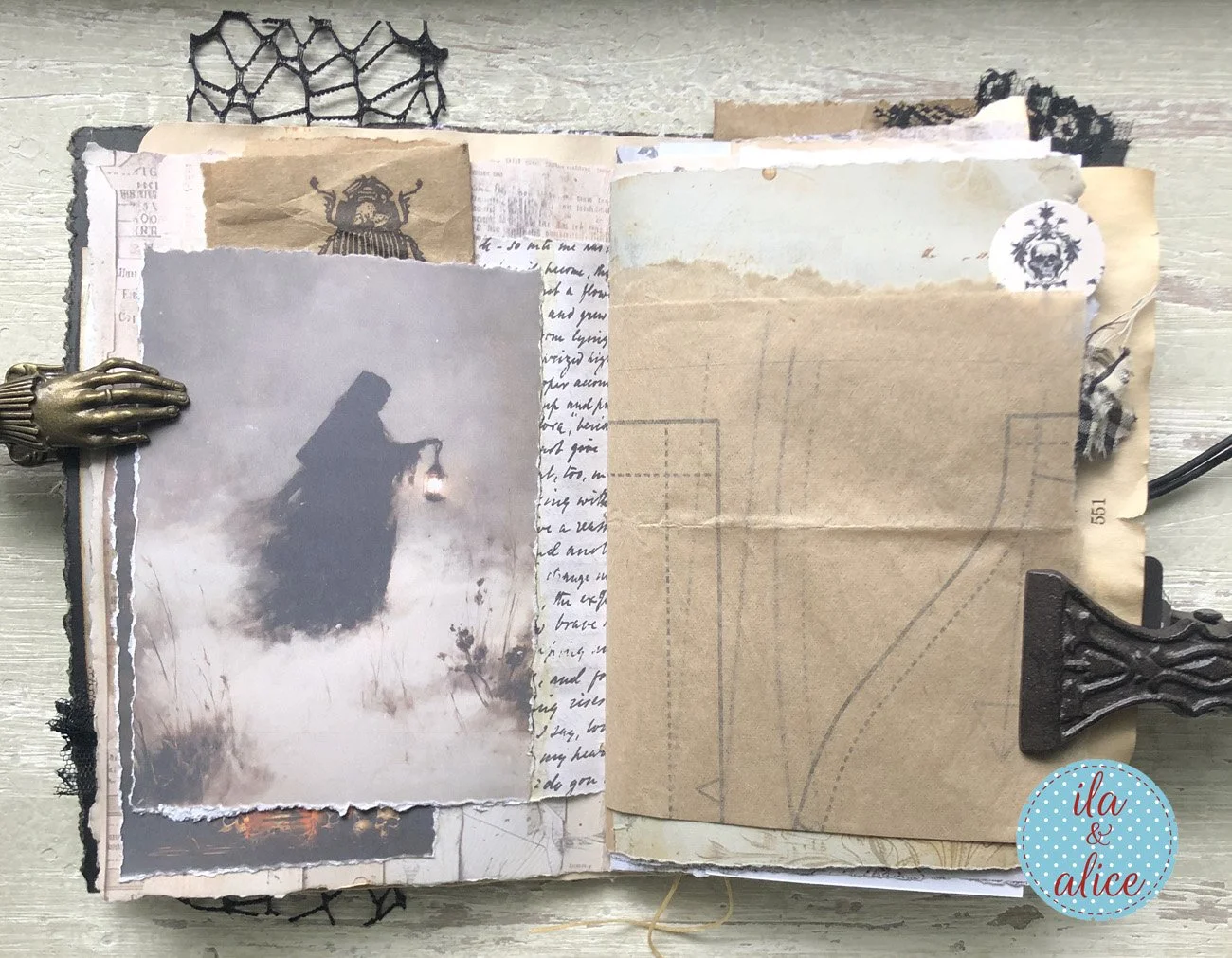 handmade spooky junk journal folio with wax seal, vintage ephemera, and dark folklore aesthetic