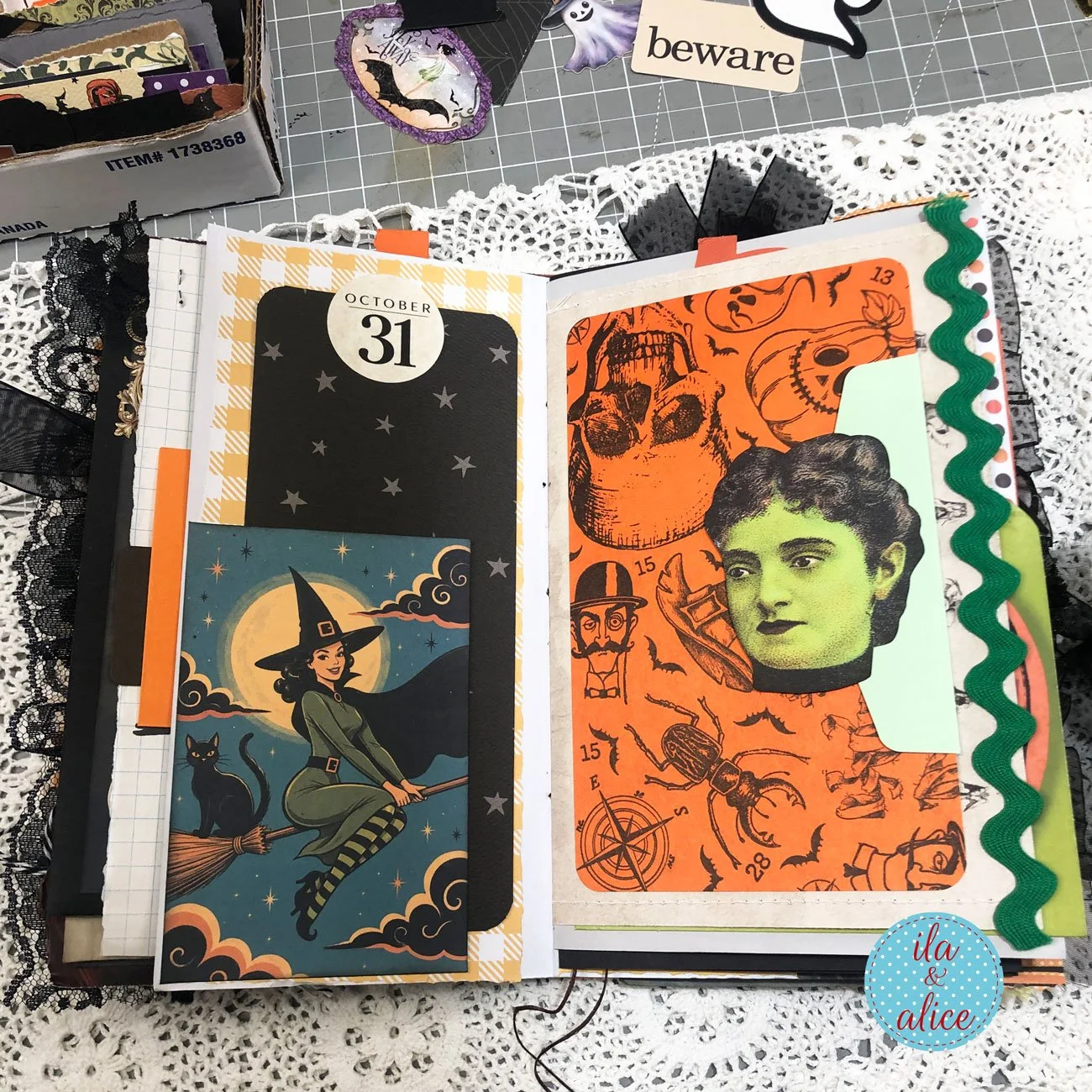 Black and orange Halloween journal spread with a moonlit witch and cat illustration, October 31 pocket, green-faced vintage woman and skull paper