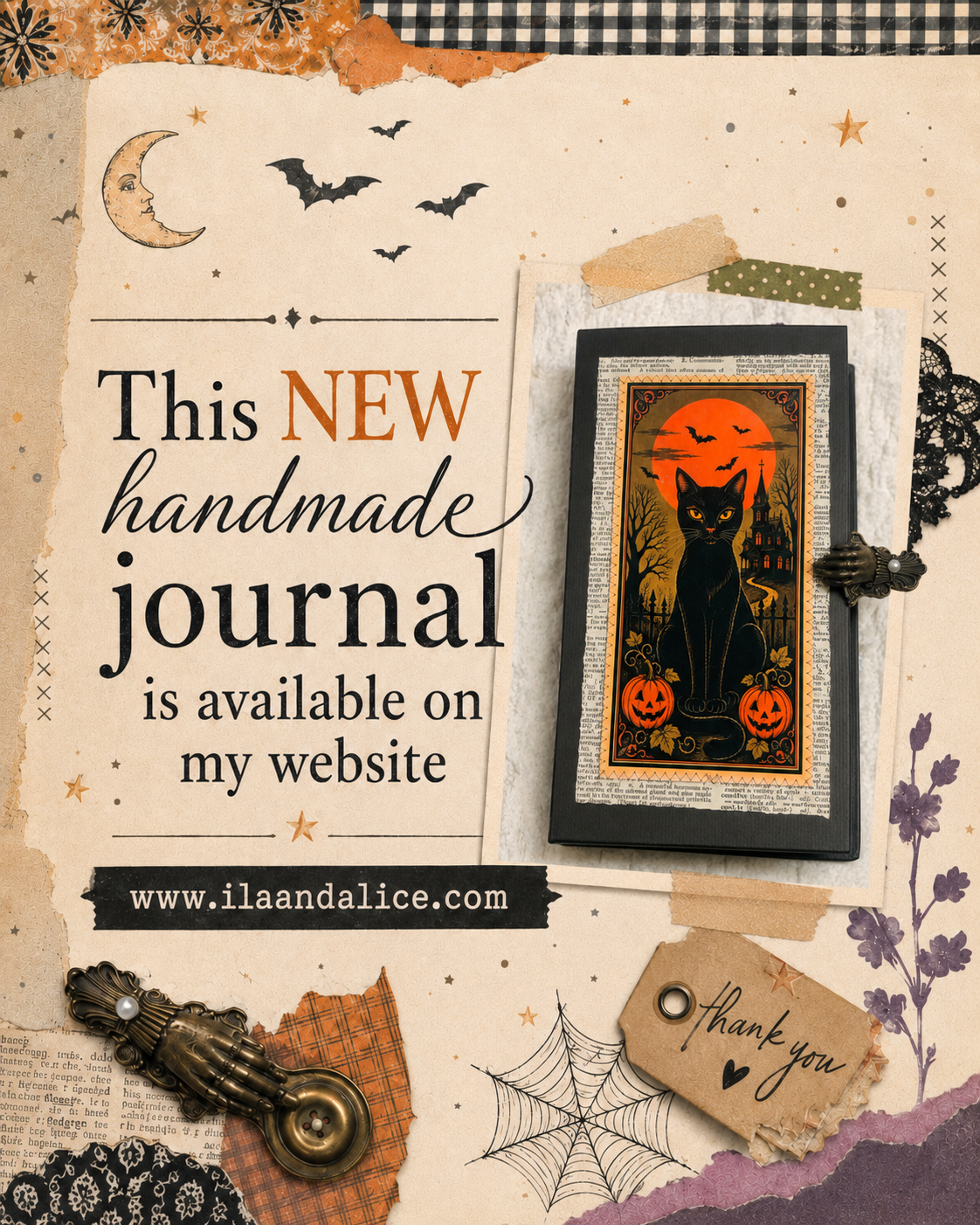 Handmade Halloween journal with a black cover featuring a vintage black cat, orange moon, bats, pumpkins and haunted house, displayed with antique scissors, porcelain doll parts and brass clips.