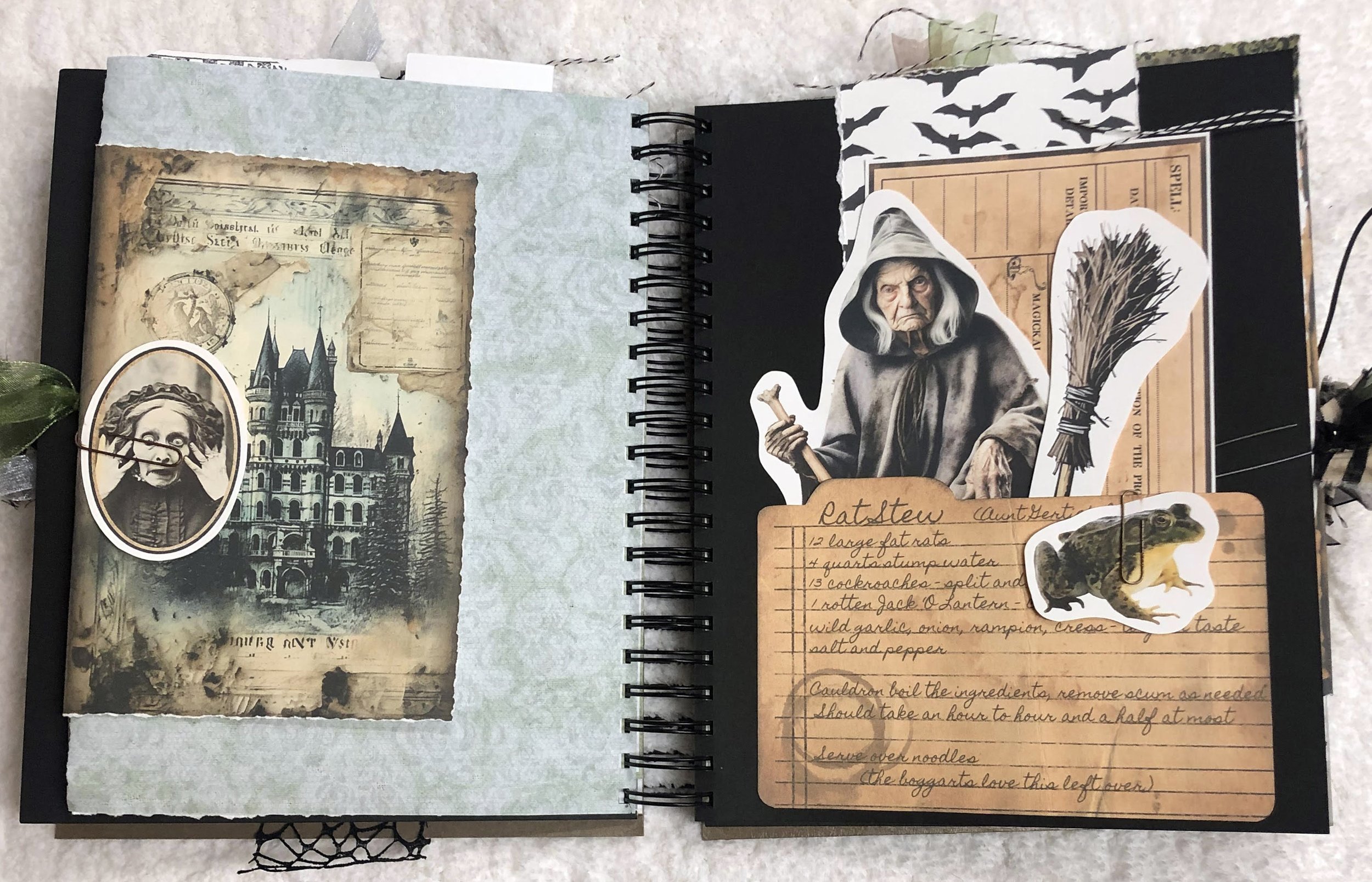 Witch journal spread with a haunted castle, old witch, broom, frog and handwritten rat stew recipe.