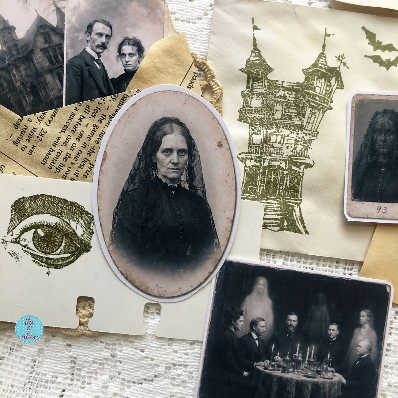 Close-up of gothic paper ephemera featuring eerie Victorian-style portraits, a haunted house, a stamped eye and a dark séance scene with figures gathered around a candlelit table.